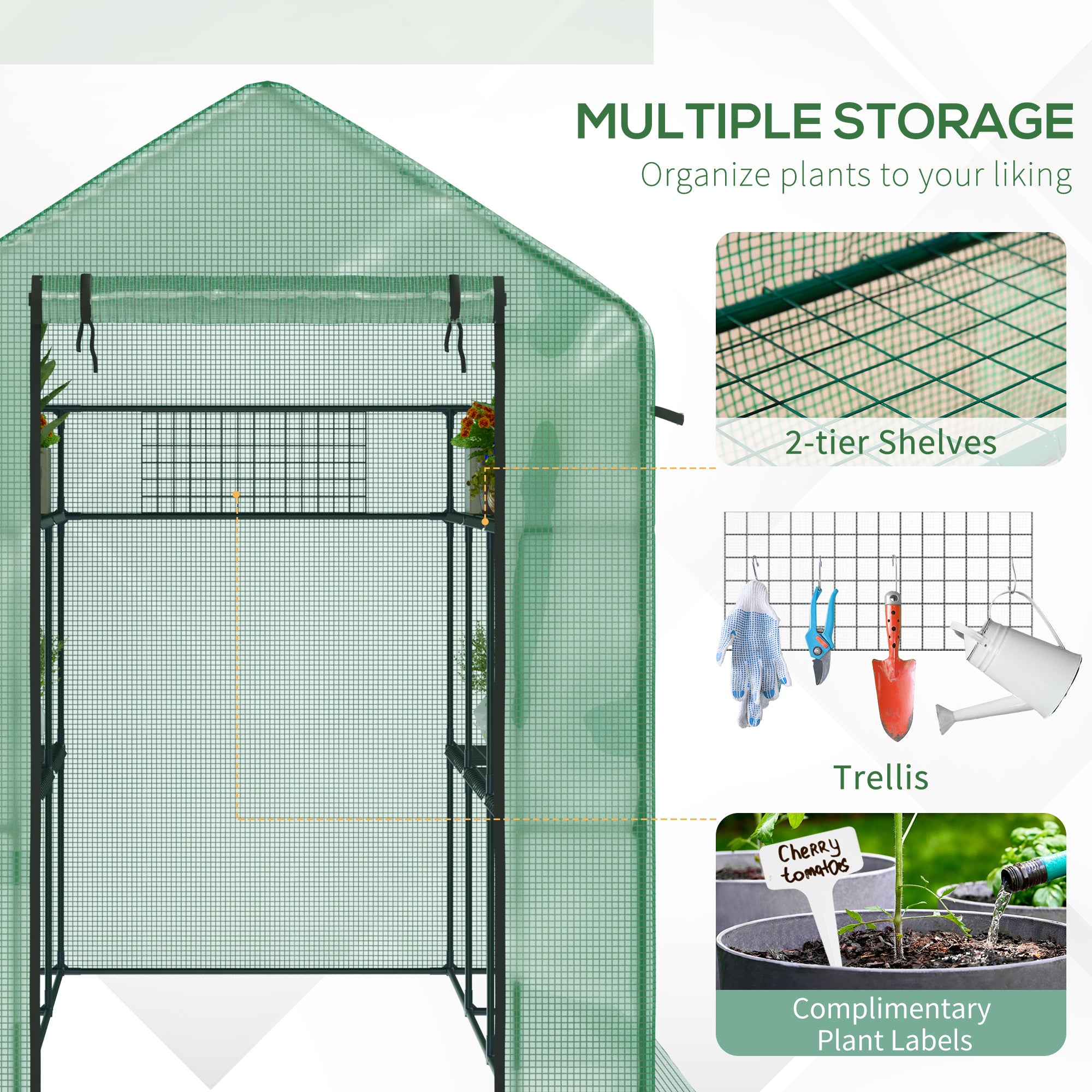 7' x 5' x 6' Walk-in Greenhouse for Outdoors with Mesh Door and Windows, 18 Shelf Hot House with Trellis, Plant Labels, UV Protective for Growing Flowers, Herbs, Vegetables, Saplings, Green