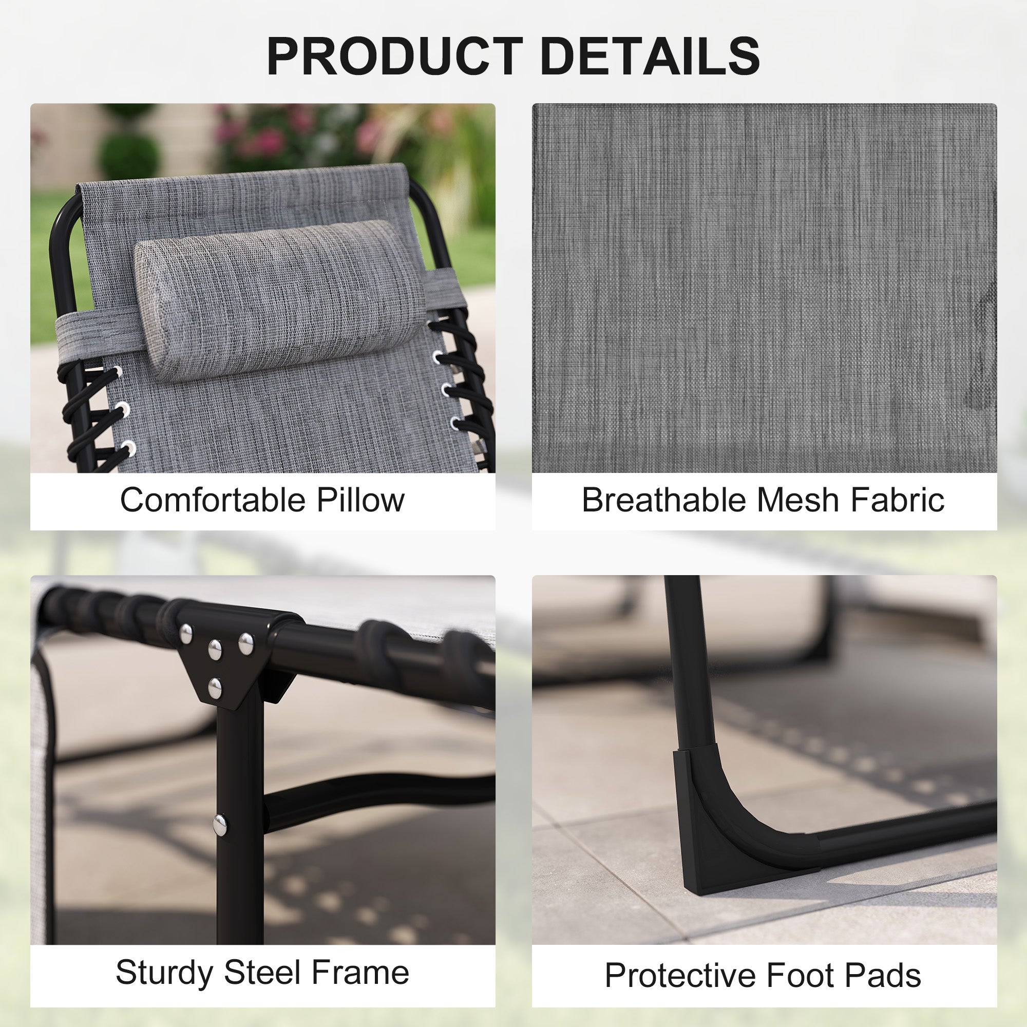 Reclining Chaise Lounge Chair, Portable Sun Lounger, Folding Camping Cot with Adjustable Backrest and Removable Pillow, for Patio, Garden, Beach