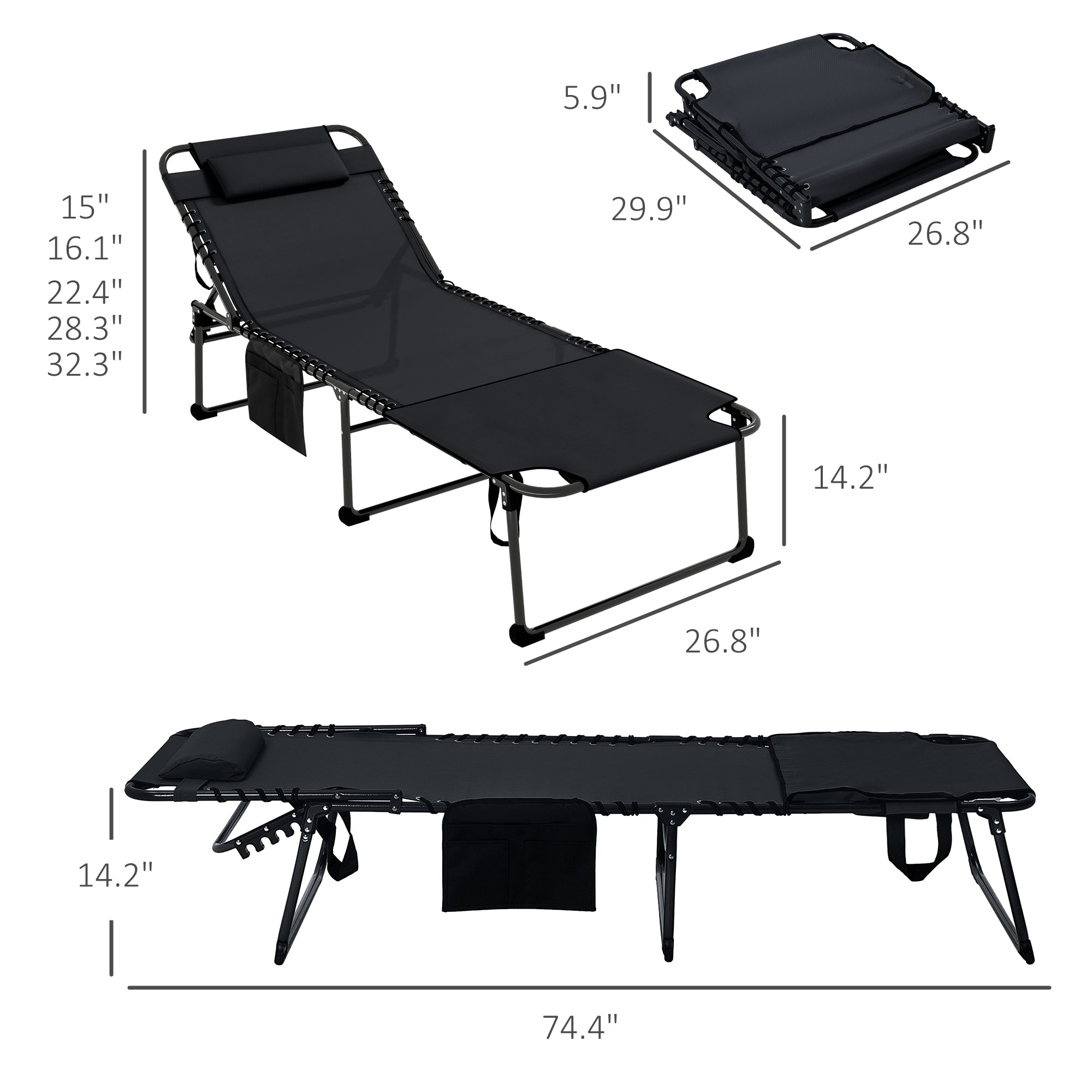2 Piece Folding Chaise Lounge Pool Chairs with 5-level Reclining Back, Reading Hole, Side Pocket