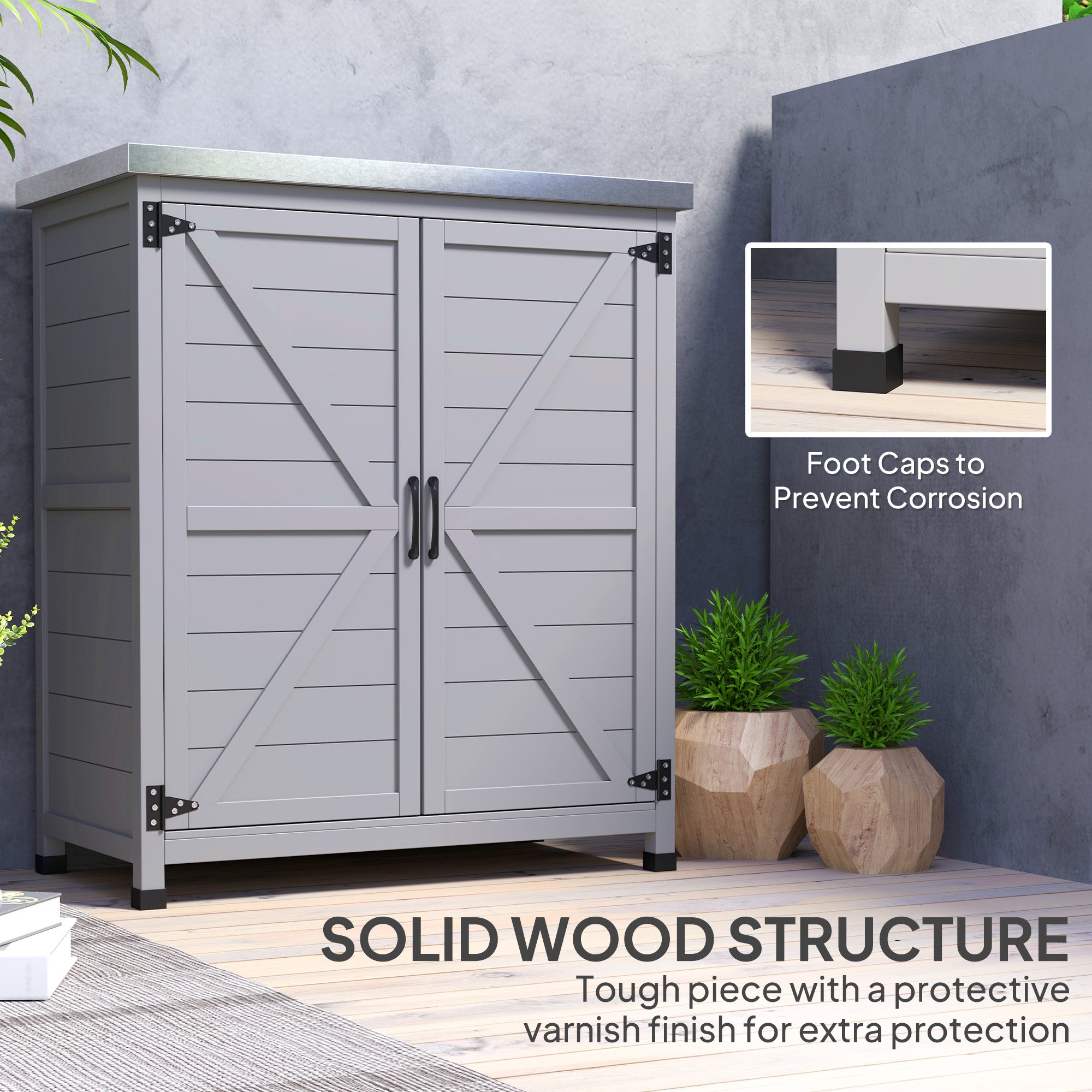 Wooden Storage Cabinet, Outdoor Prep Table with Metal Tabletop, Shelves and Double Doors for Patio, Garden