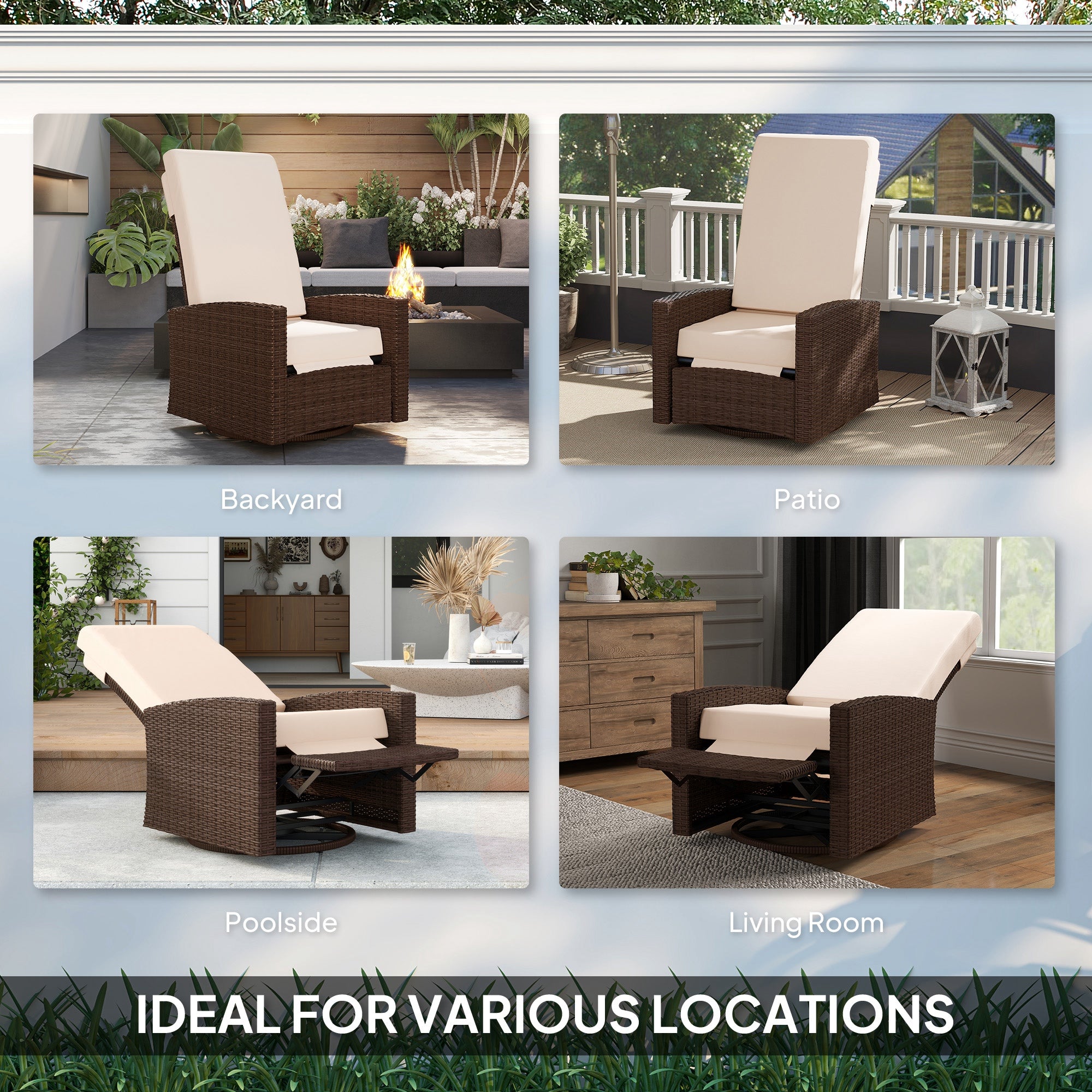 Outdoor Wicker Swivel Recliner Chair, Lifting Footrest, 360° Rotating Basic, Water-resistant Cushions, Dark