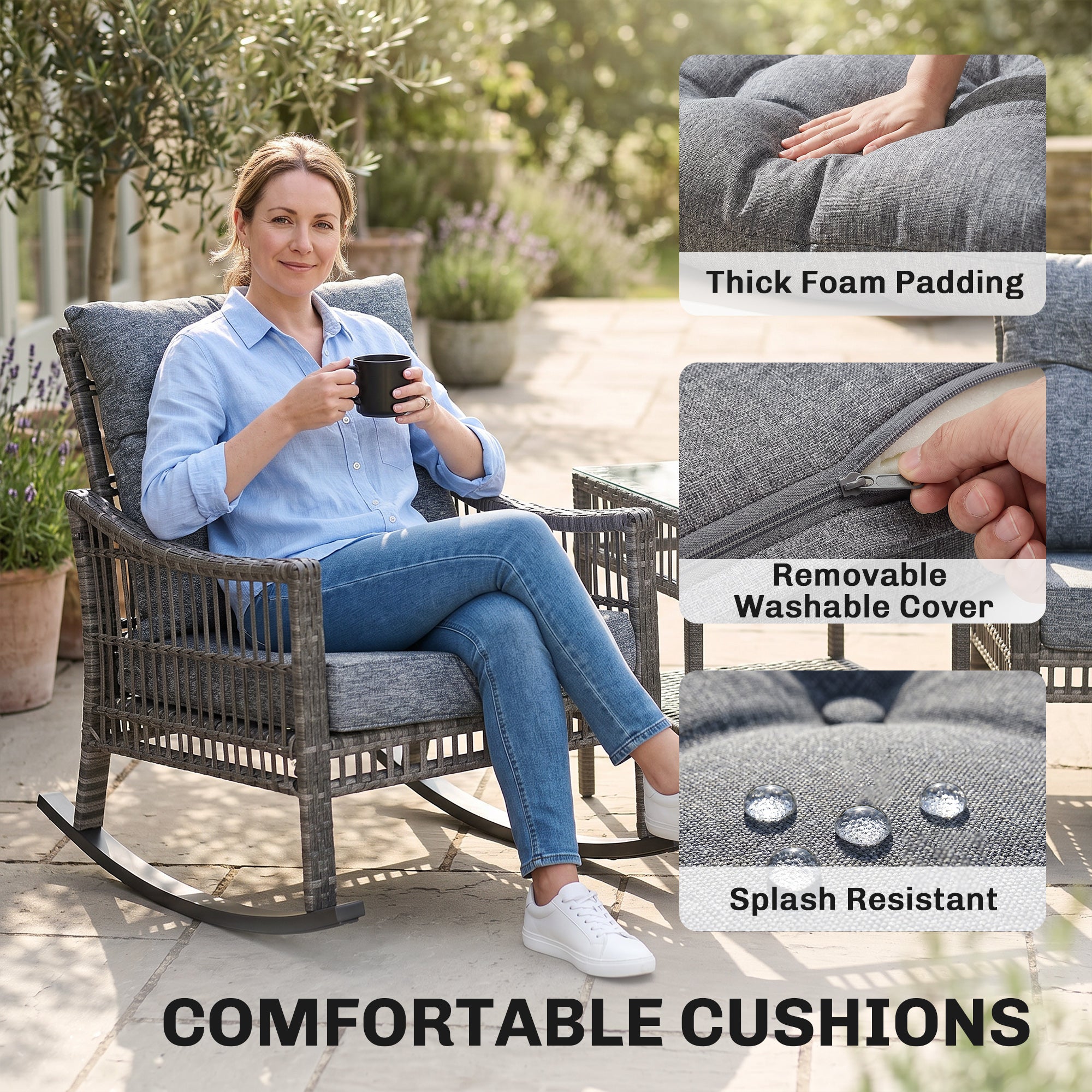 3 Piece Outdoor PE Rattan Rocker Chair Set, Rocking Chair with Tempered Glass Table Top