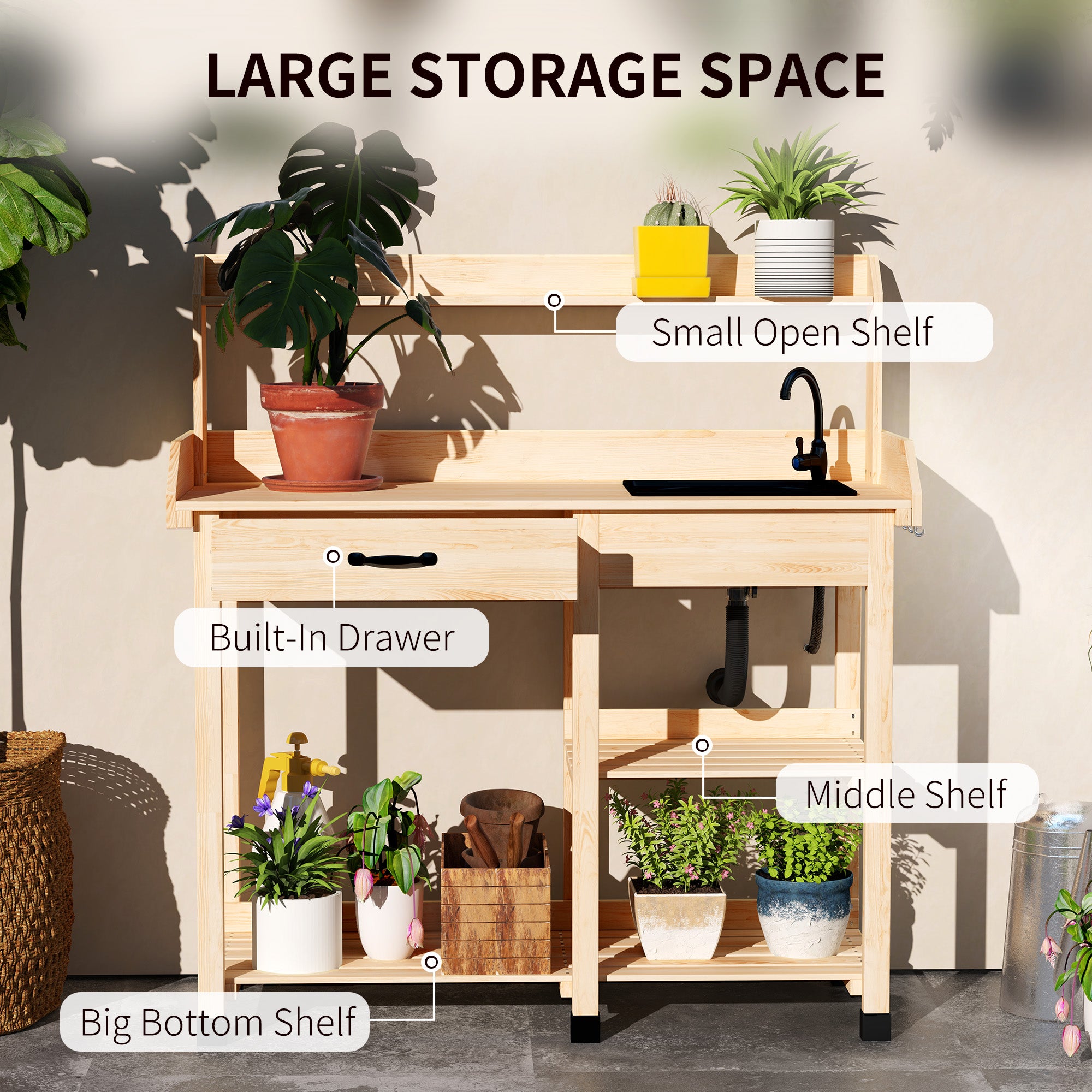 Potting Bench Table, Outdoor Garden Table Wooden Work Station with Removable Sink, Faucet, Drawer, Shelves, Hooks