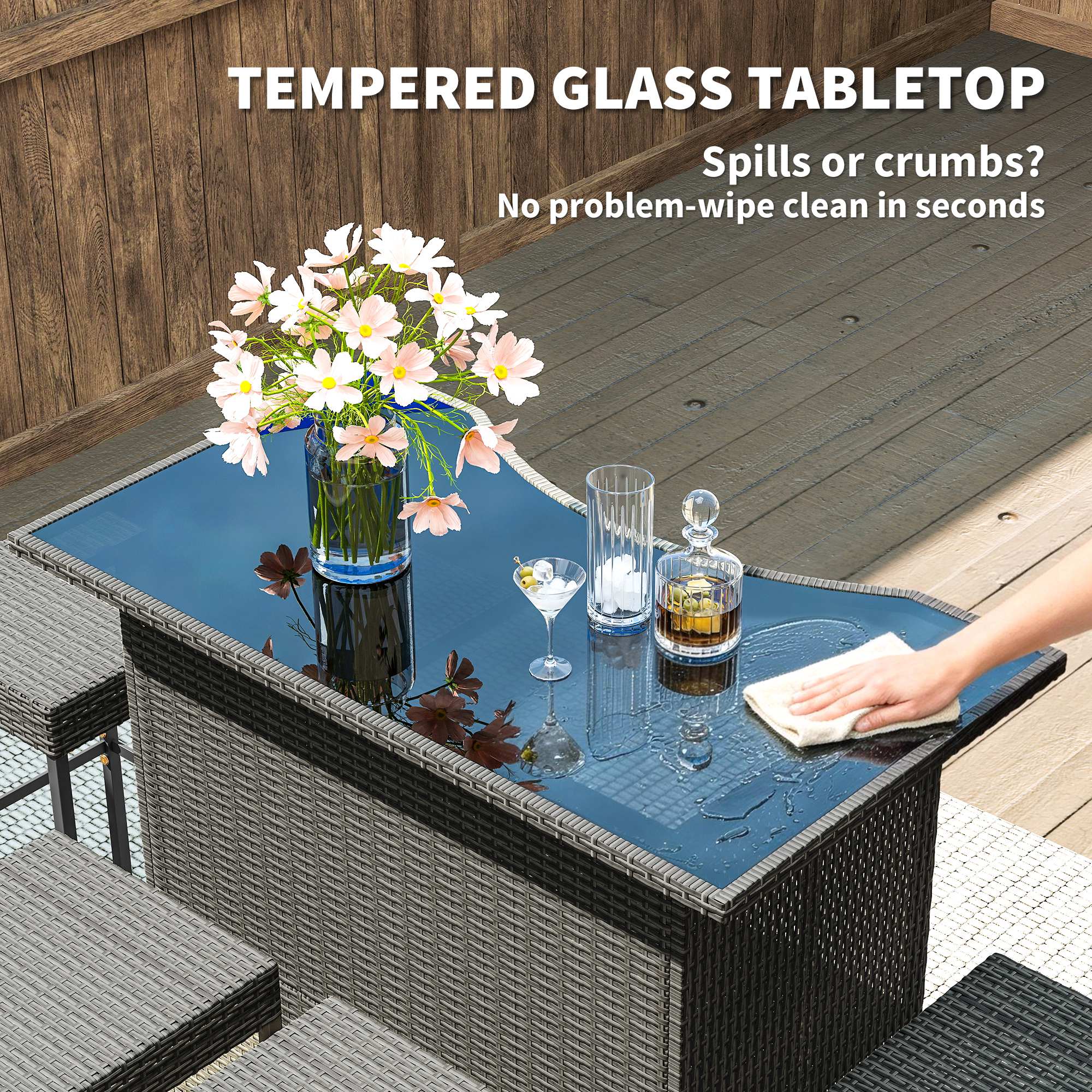 5 Piece Rattan Wicker Bar Set, High Top Outdoor Table and Chairs, Bar Height Patio Set, 2 Shelves & 4 Bar Stools