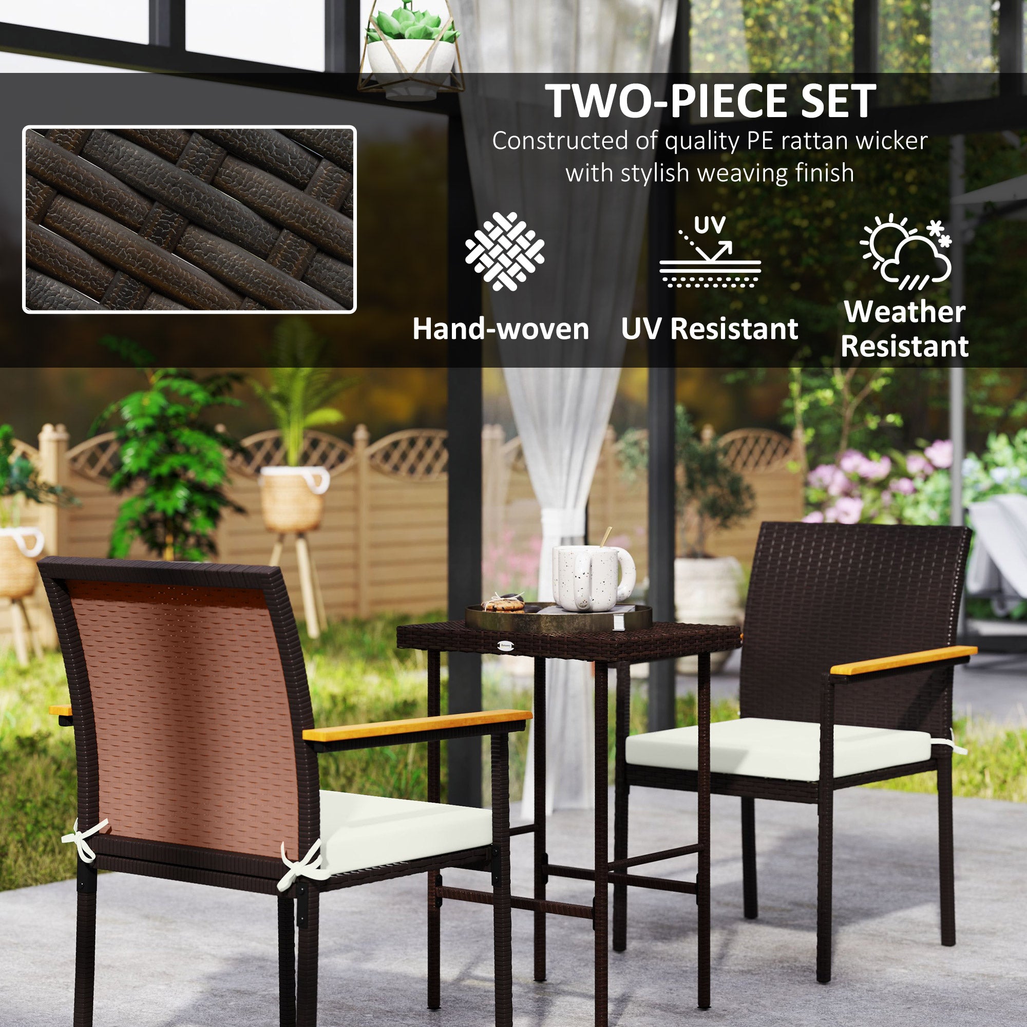 Stackable Patio Wicker Dining Chair Set of 2 with Cushions, Backrest, Armrests for Deck, Garden