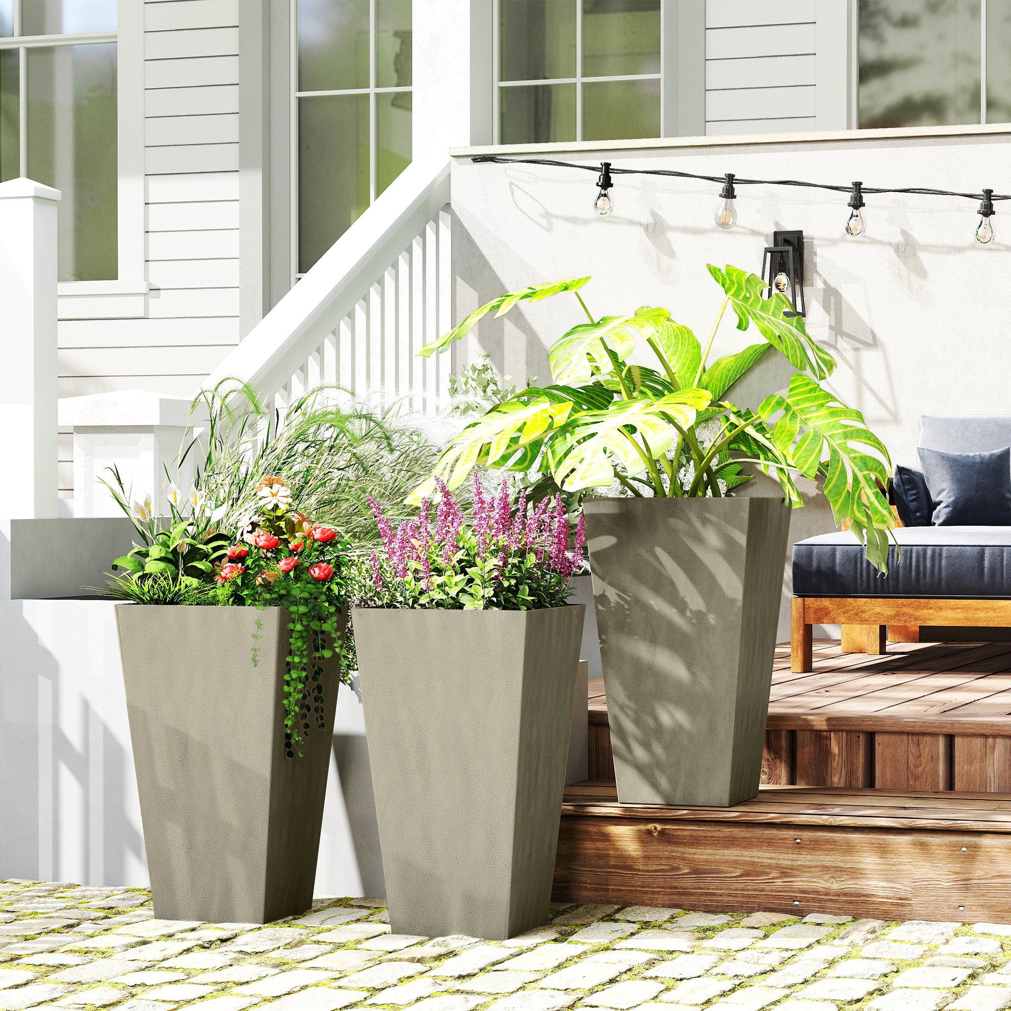 Tall Planters for Outdoor Plants Set of 3, 28 In Taper Planters with Drainage Holes, Indoor Grande Plant Pots, Front Porch Decor