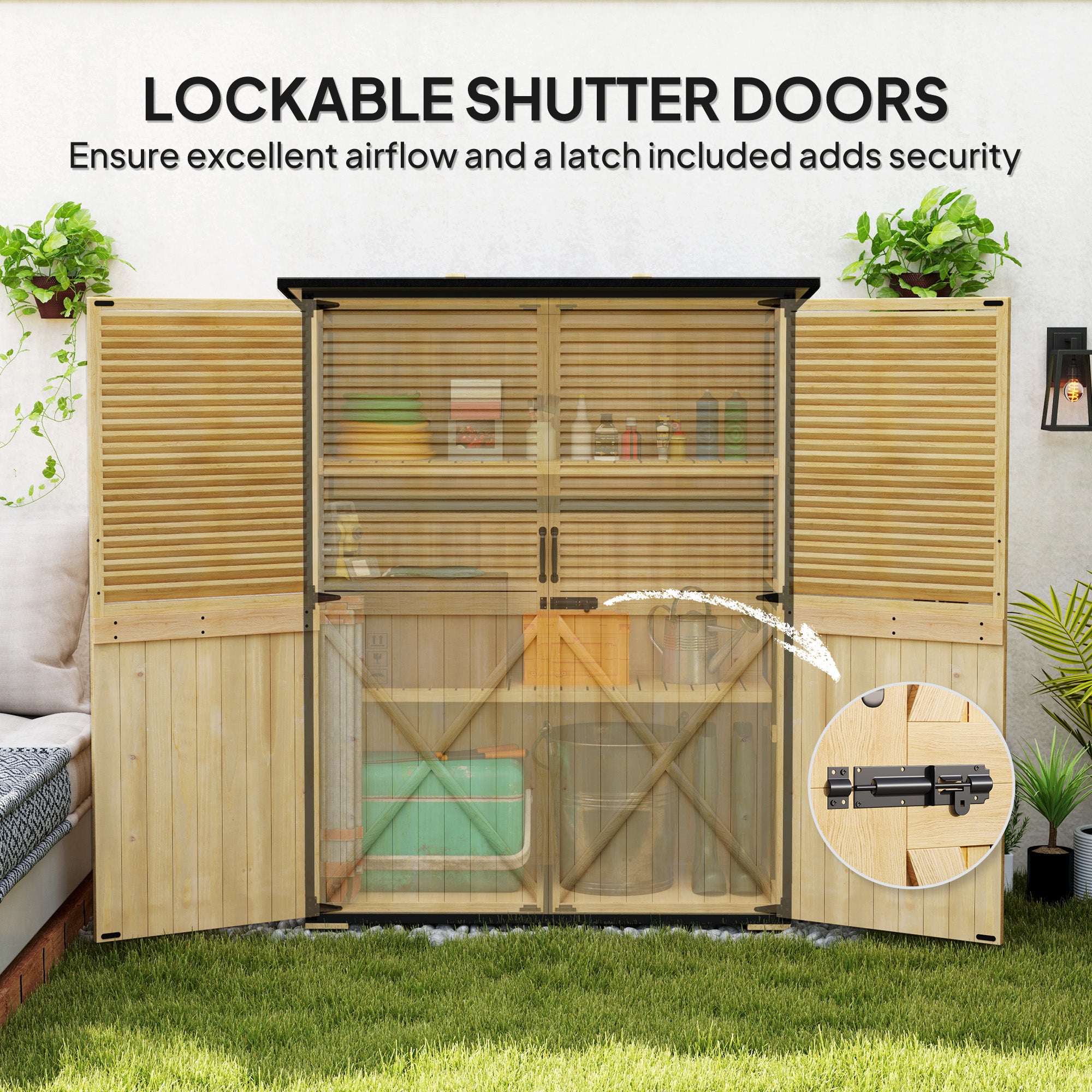 Wood Storage Shed, Outdoor Garden Shed with Asphalt Roof, 2 Shelves, Lockable Doors and Adjustable Feet