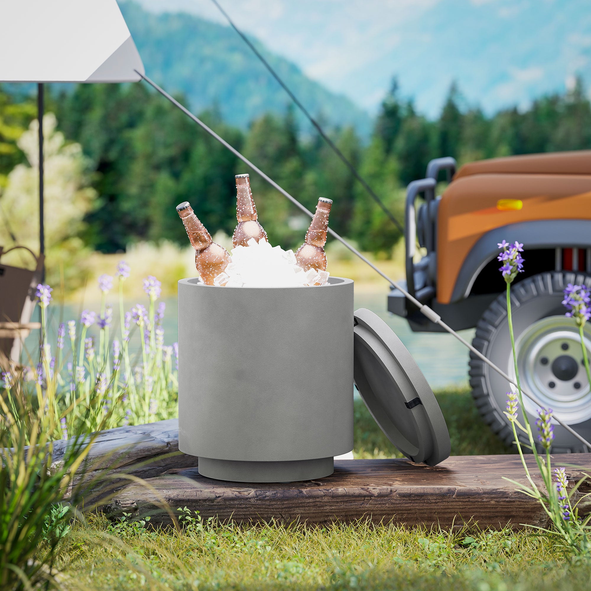 2.6 Gal Outdoor Side Table, 3-In-1 Concrete Cooler Bar Table with Storage, Removable Ice Bucket and Lid