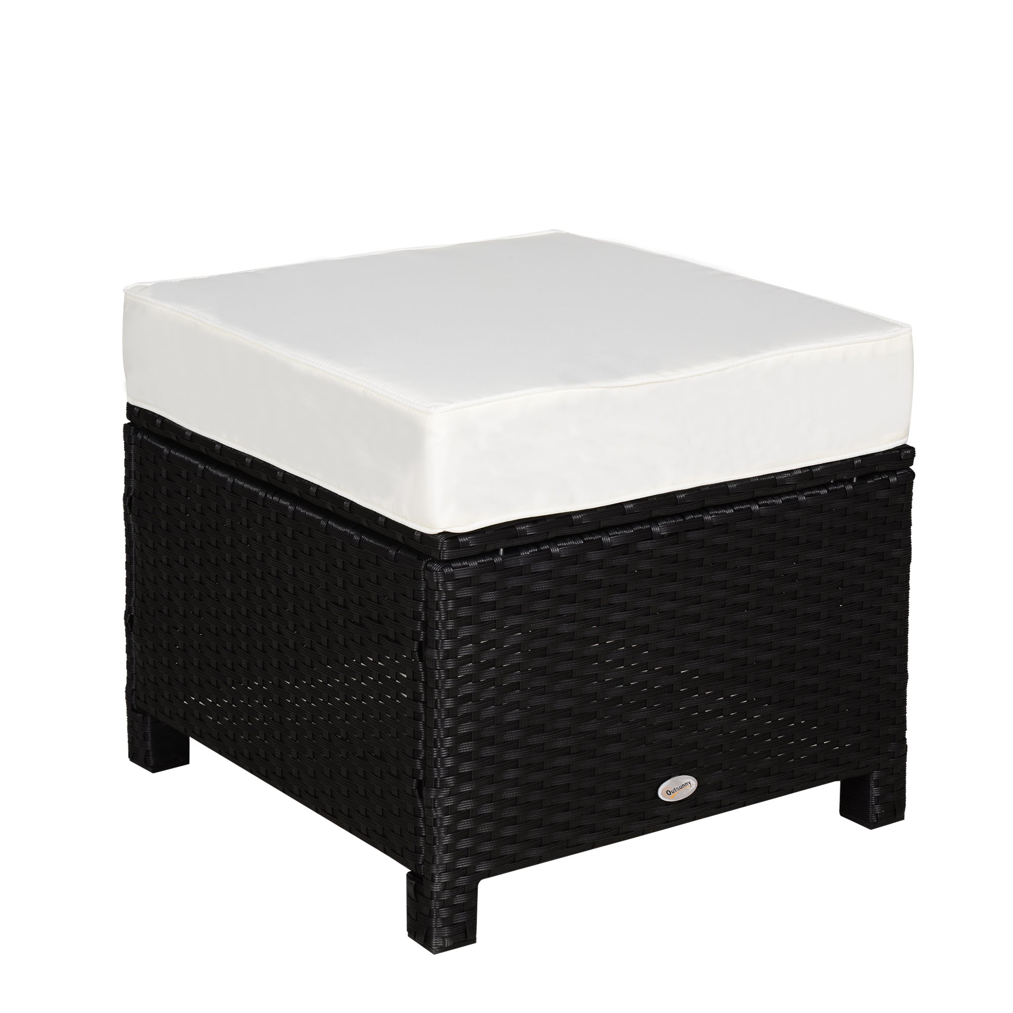20" Patio Wicker Ottoman, Multipurpose Outdoor PE Rattan Footrest, Additional Seating, Side Table with Soft Cushion, Black, Cream White