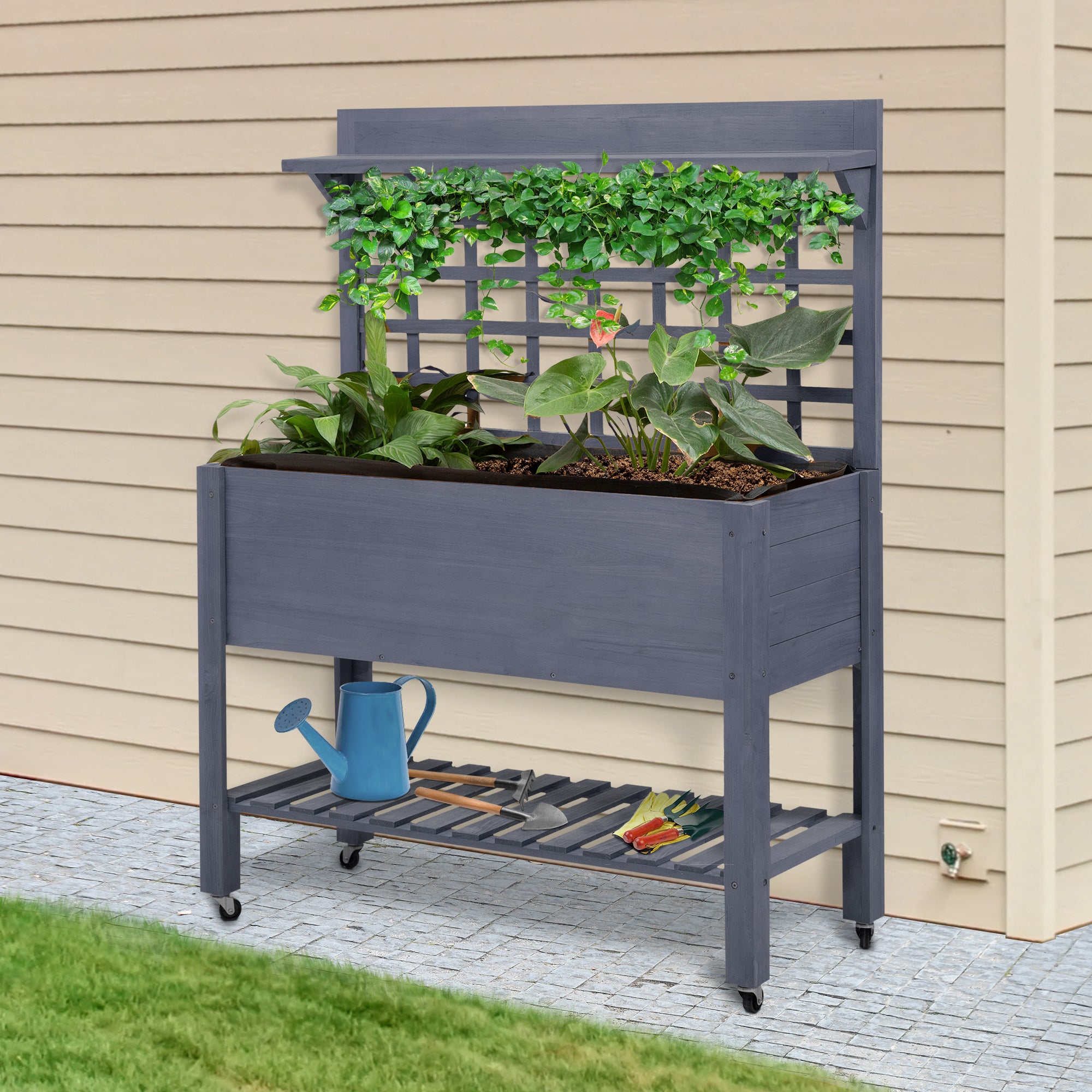 41" Raised Garden Bed Mobile Elevated Wooden Planter Box Stand with Wheels, Trellis and Storage Shelf