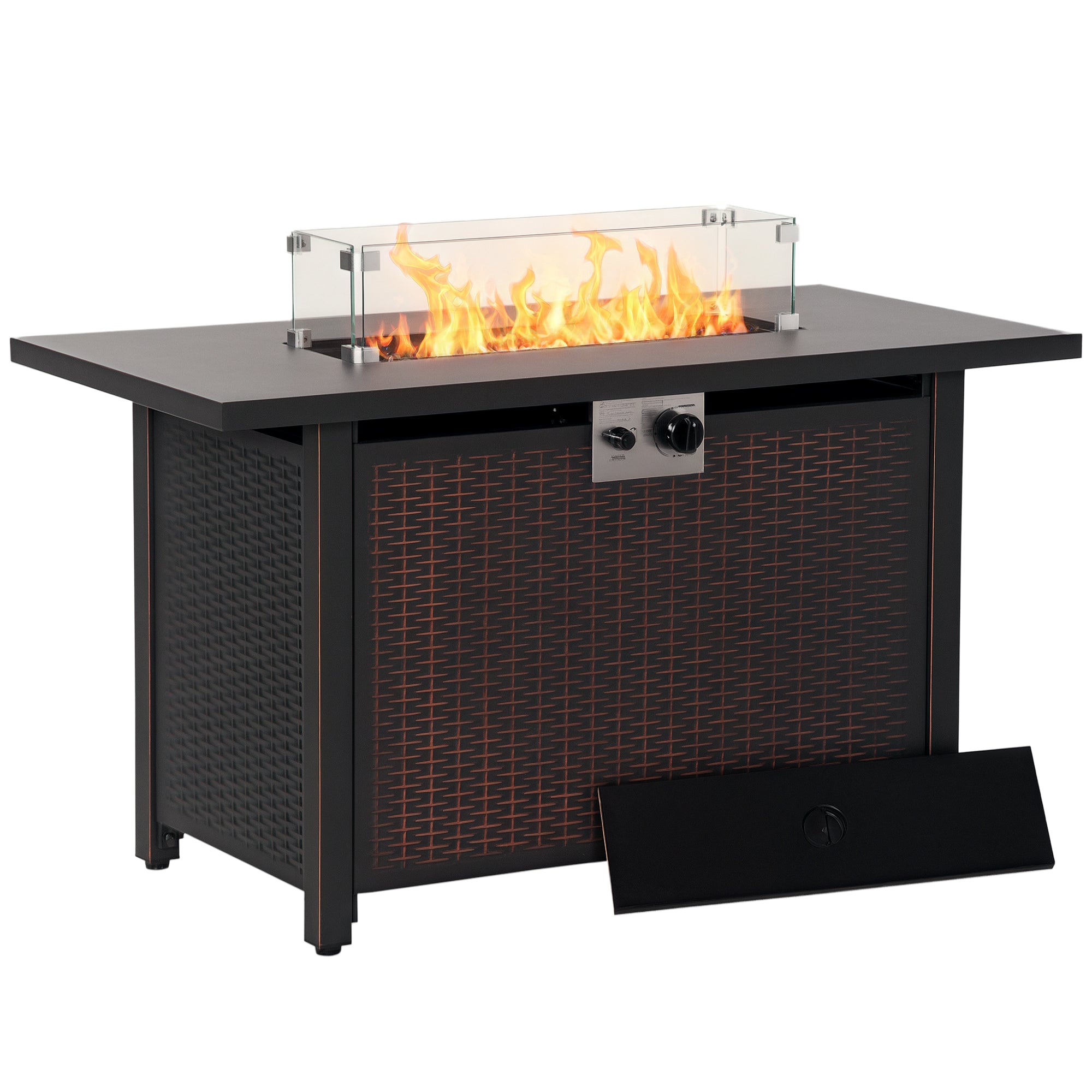 43 Inch Outdoor Propane Gas Fire Pit Table, 50,000 BTU Auto-Ignition Rectangular Wicker-effect Gas Firepit with Glass Wind Guard, Lid, Glass Beads, Steel Base, CSA Certification, Bronze