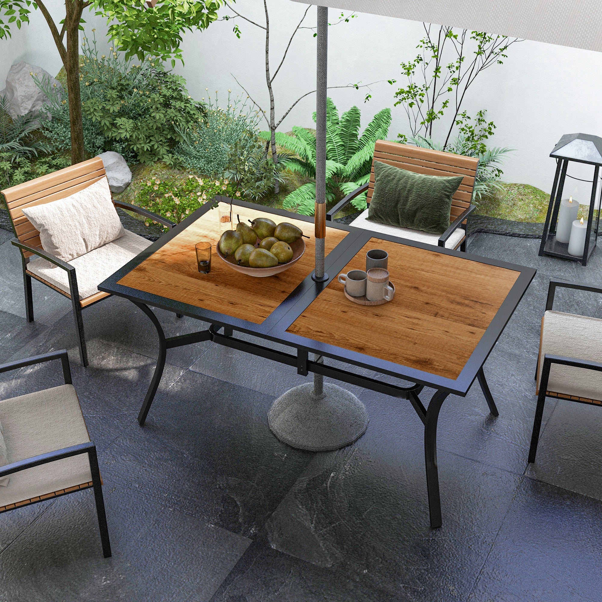 Rectangular Patio Table with Umbrella Hole, Faux Wood Rectangle Outdoor Dining Table for 6 People for Garden, Brown
