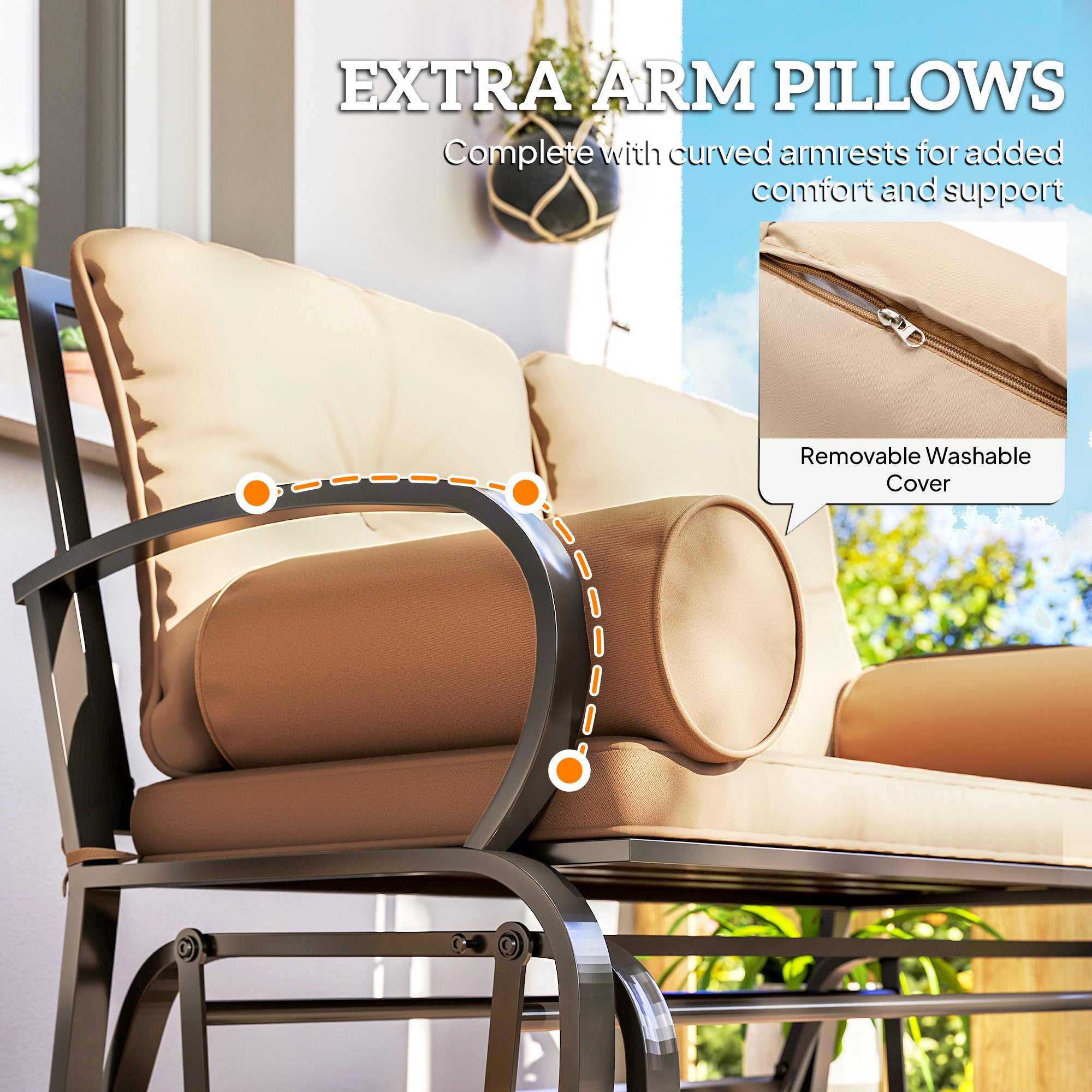 Swing Glider Rocking Chair, Double Patio Bench, 2 Person Loveseat with Steel Frame, Cushions, Pillow Armrests