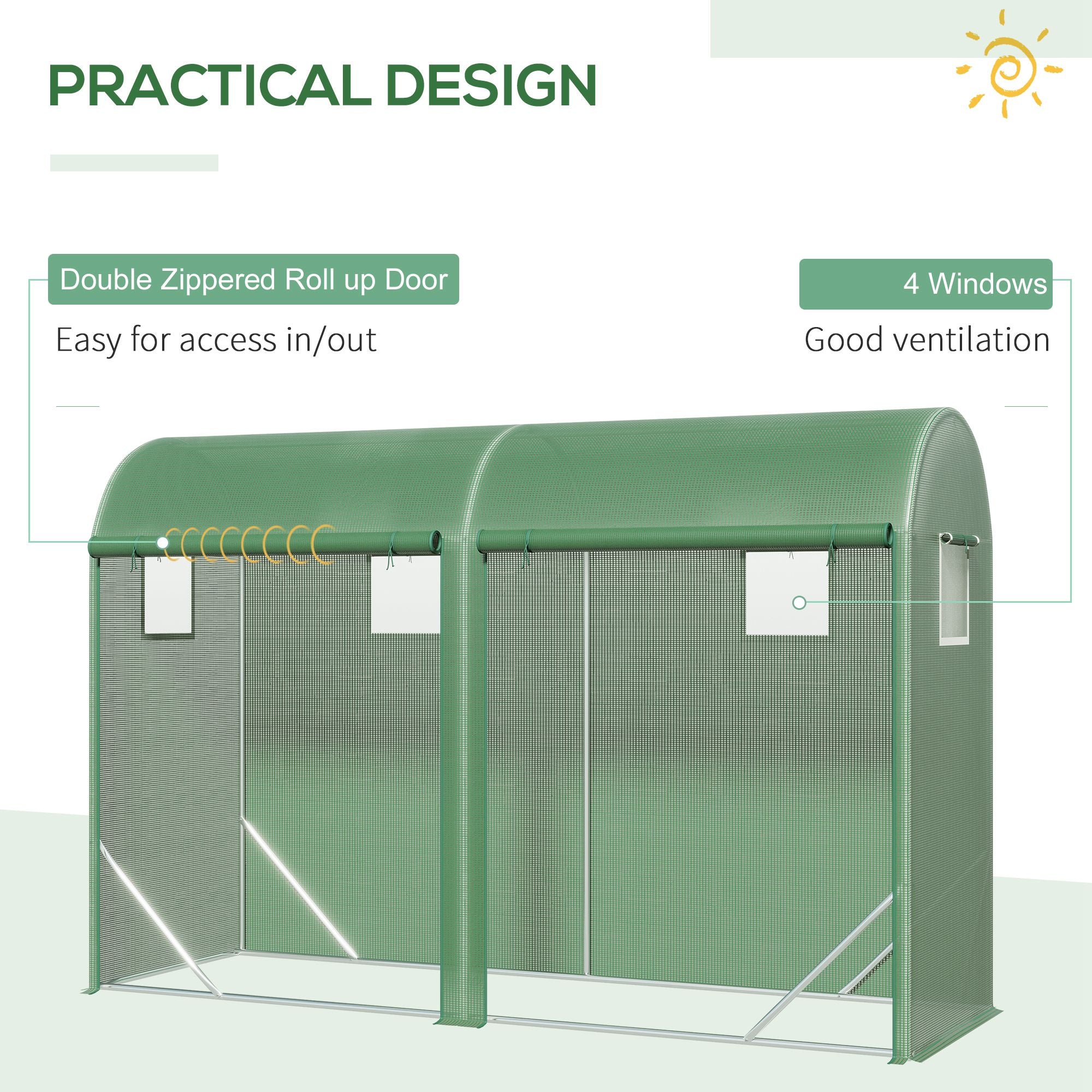 10' x 3' x 7' Walk-in Lean-to Greenhouse, Steel, 4 Zipper Roll-up Windows & 2 Doors, UV Protecting PE Cover for Growing Flowers, Vegetables, Tropical Plants, Saplings, Succulents, Green