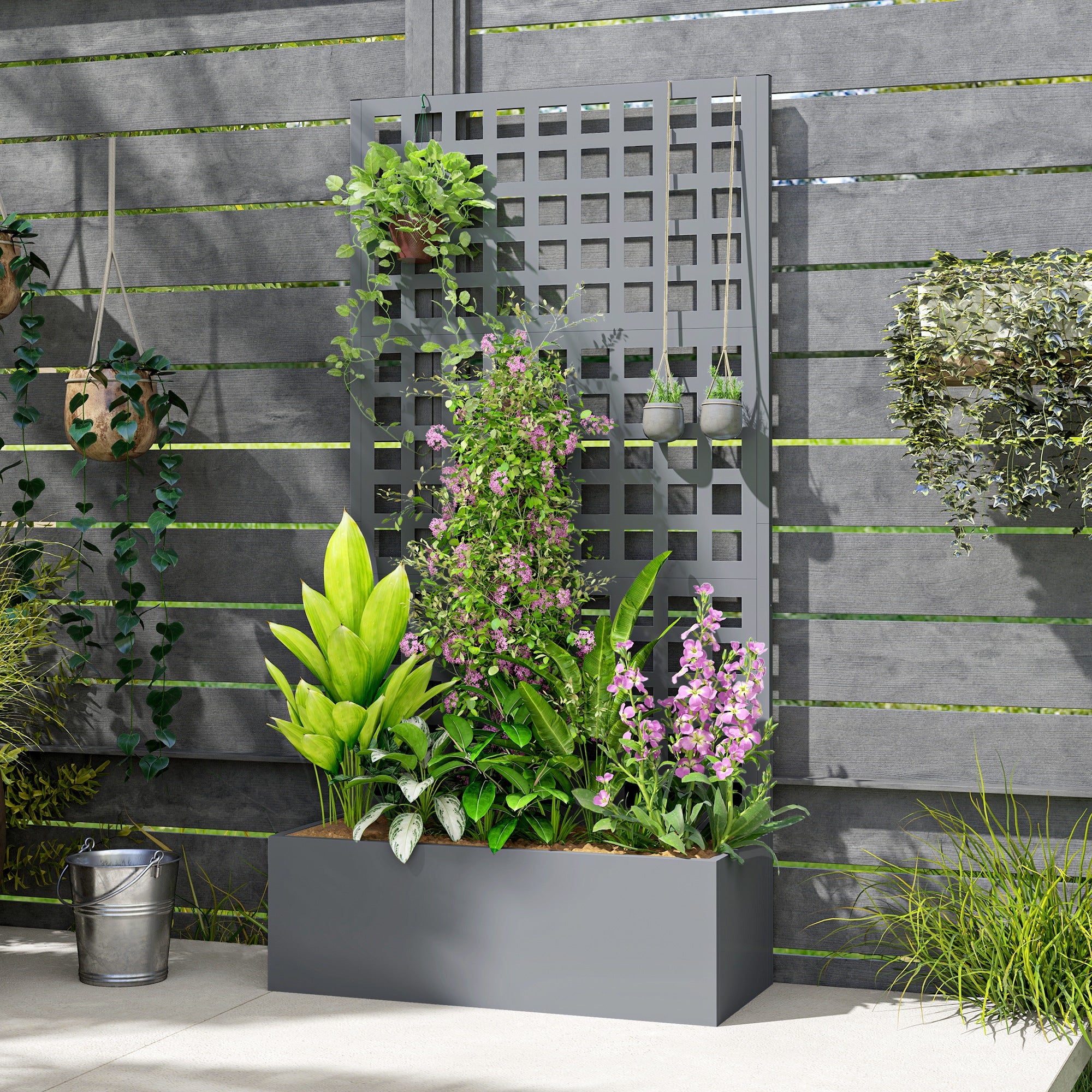 Galvanized Raised Garden Bed Planter Box with Trellis for Climbing Plants, Vegetable, Vines, 35" x 16" x 70"