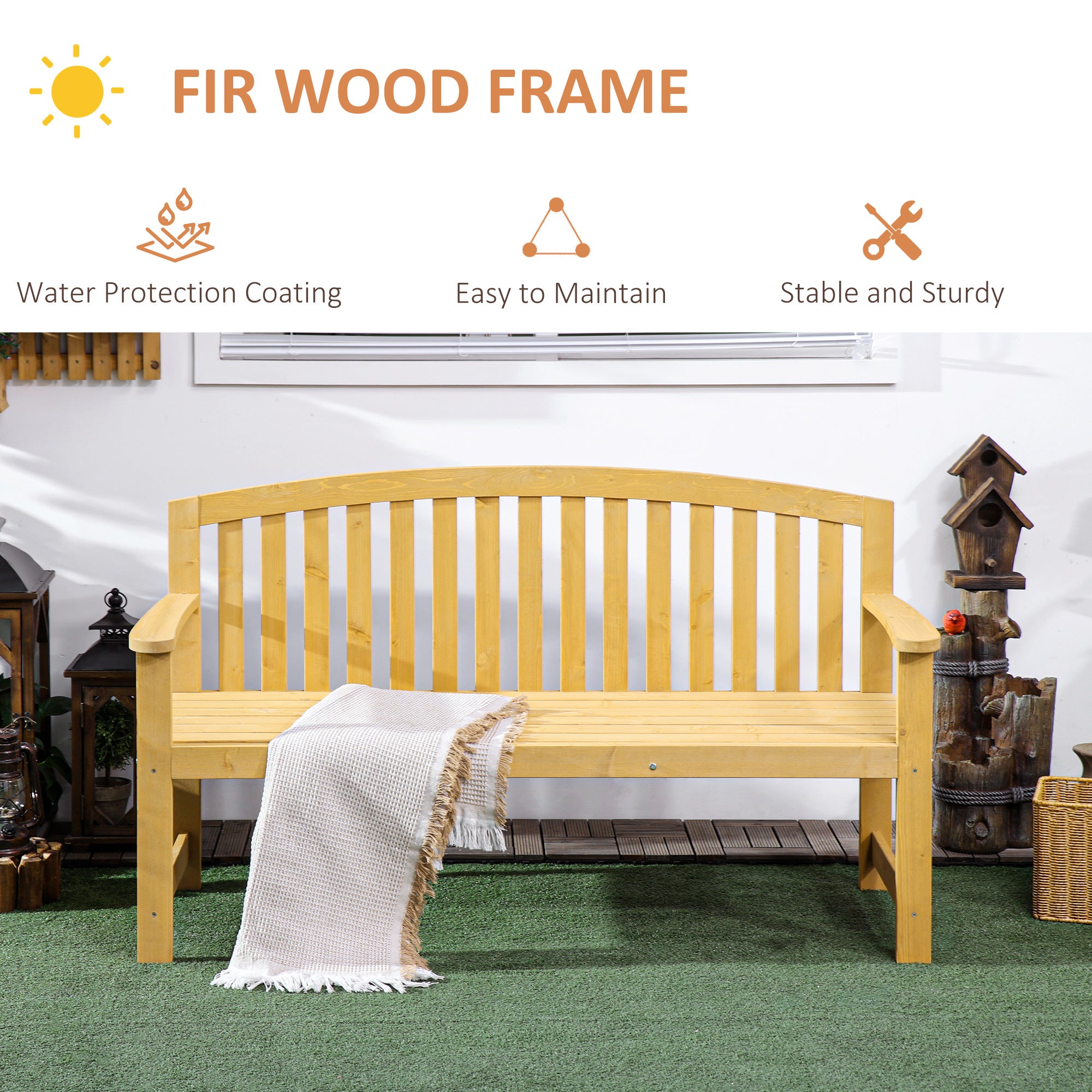 56" Outdoor Wood Bench, 2-Seater Garden Bench with Backrest and Armrest, Patio Bench for Patio, Porch, Poolside, Balcony