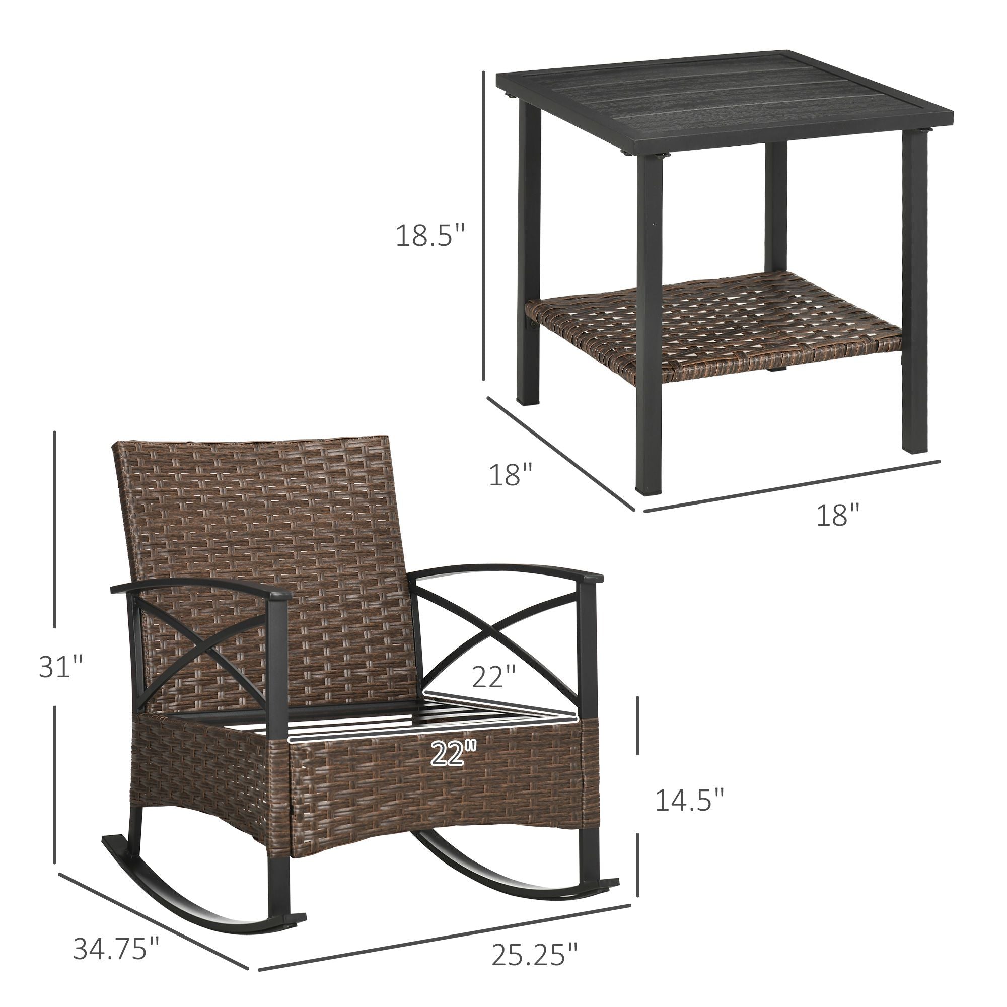3 Piece Patio Rocking Chair Set, Outdoor Wicker Bistro Set with 2 Oversize Cushioned Porch Rockers and 2 Tier Coffee Table for Garden, Backyard