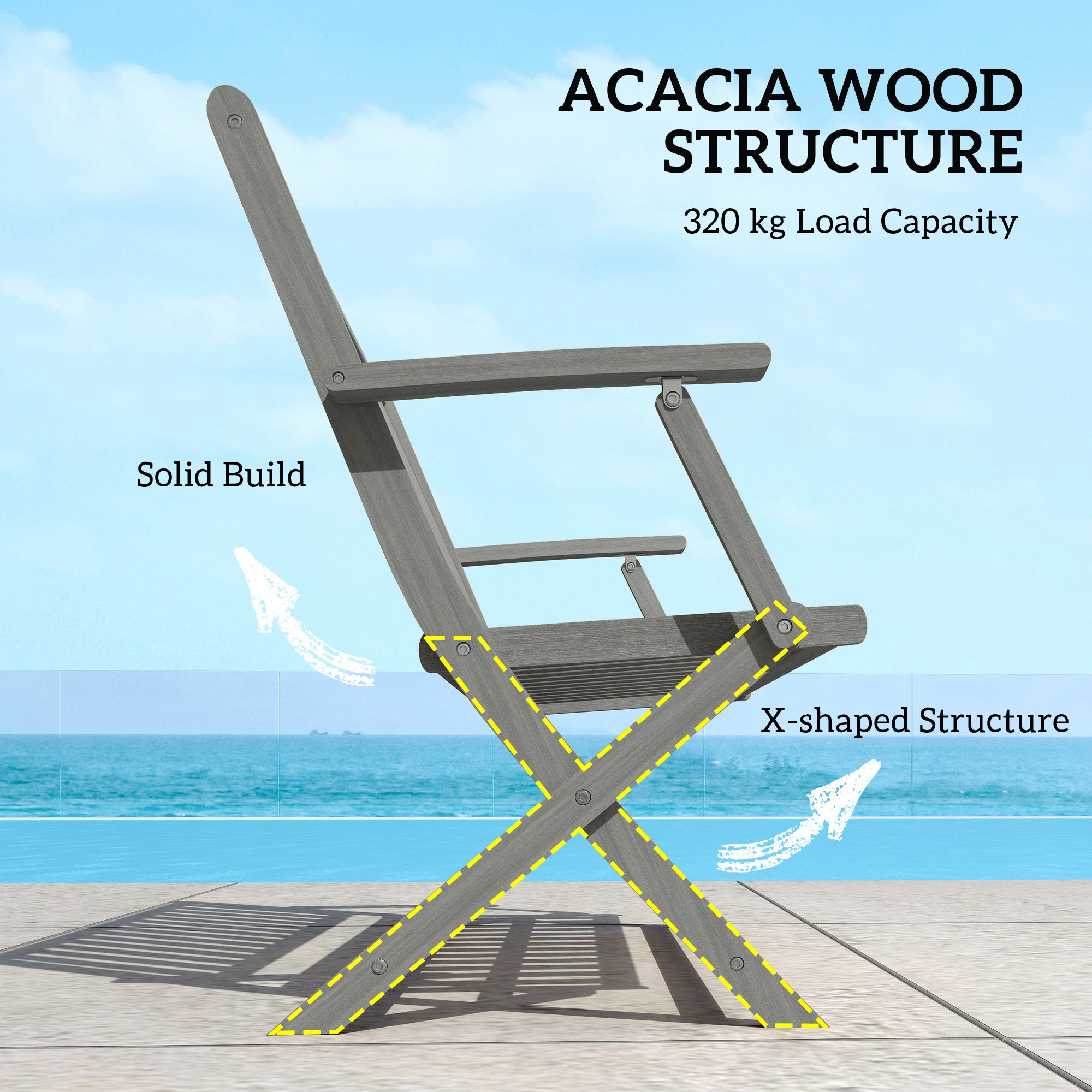 2-Person Foldable Wood Outdoor Bench with Backrest and Armrests for Garden, Porch, Park, Balcony
