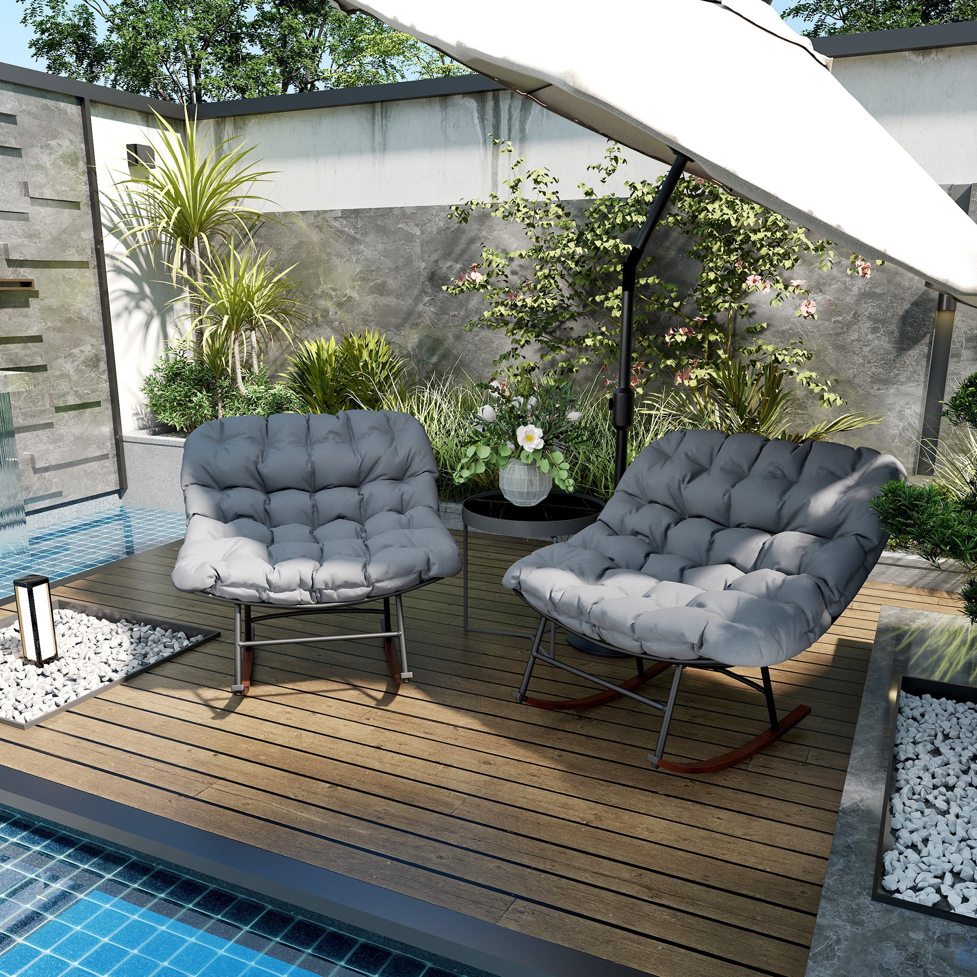 Outdoor Rocking Chair Patio Set of 2, Oversized Rocking Papasan Chairs with Cushions for Garden Porch, 265 lbs.
