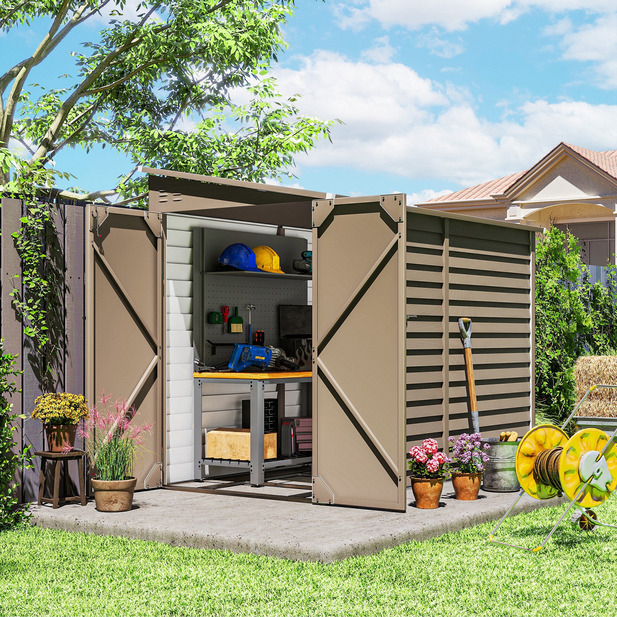 4.6' x 9' Outdoor Storage Shed, Lean to Metal Shed with Foundation Kit, Lockable Doors and Gloves for Patio, Lawn