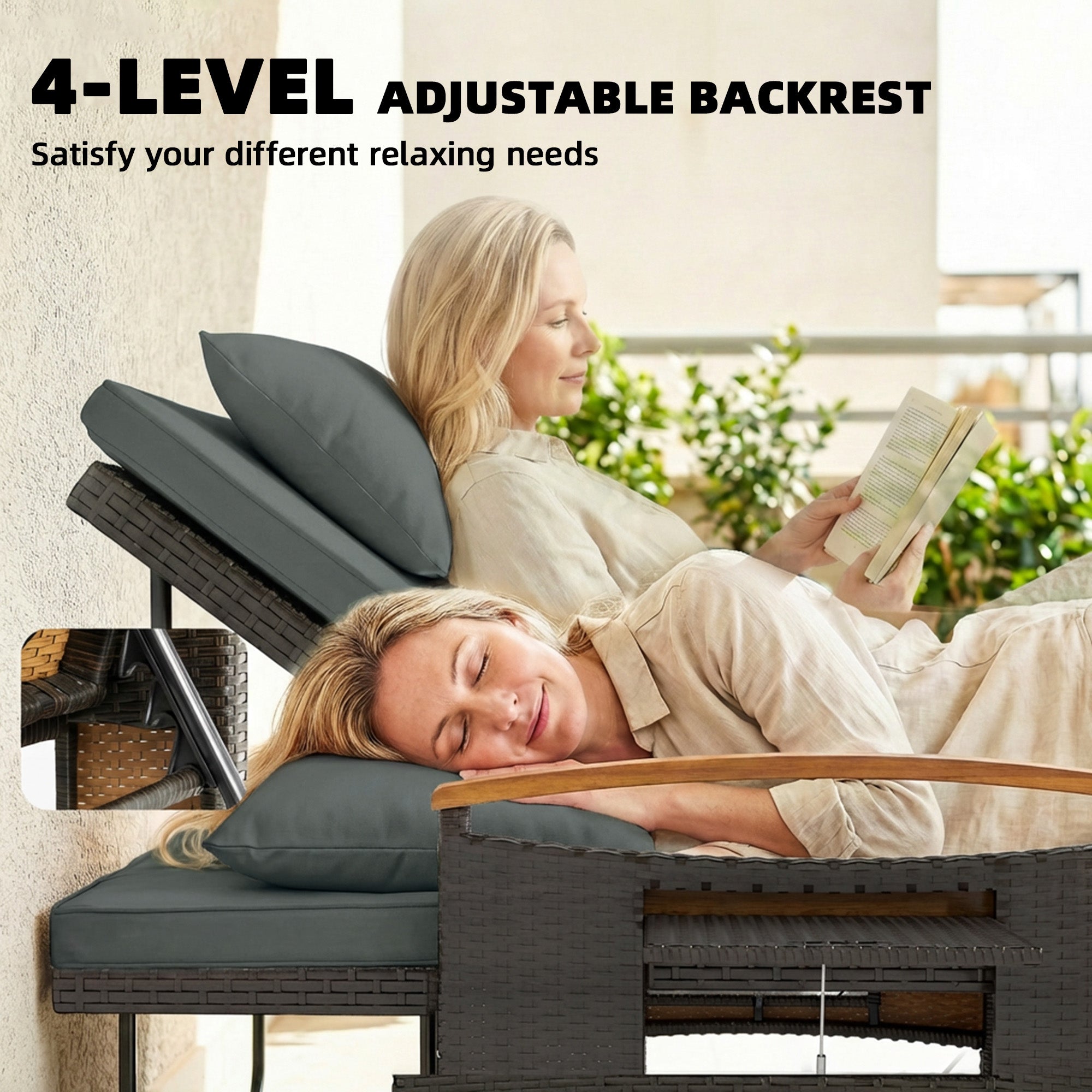 Rattan Outdoor Daybed w/4-Level Adjustable Backrest, Patio Sofa Bed w/Storage Ottoman, Acacia Wood Armrest