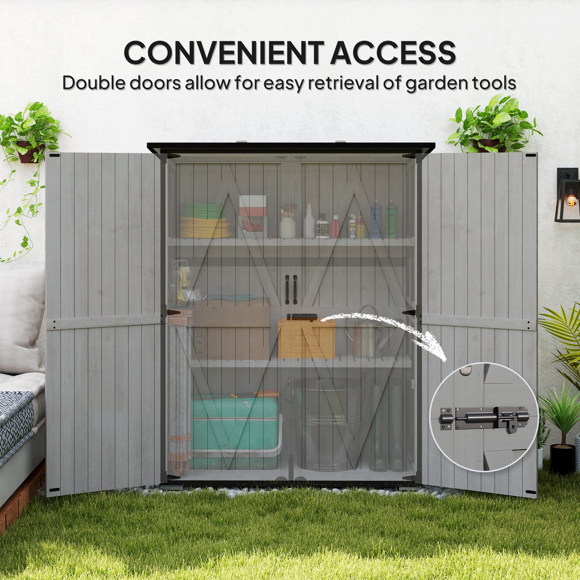 Wood Storage Shed, Outdoor Garden Shed with Asphalt Roof, 2 Shelves, Lockable Doors and Adjustable Feet