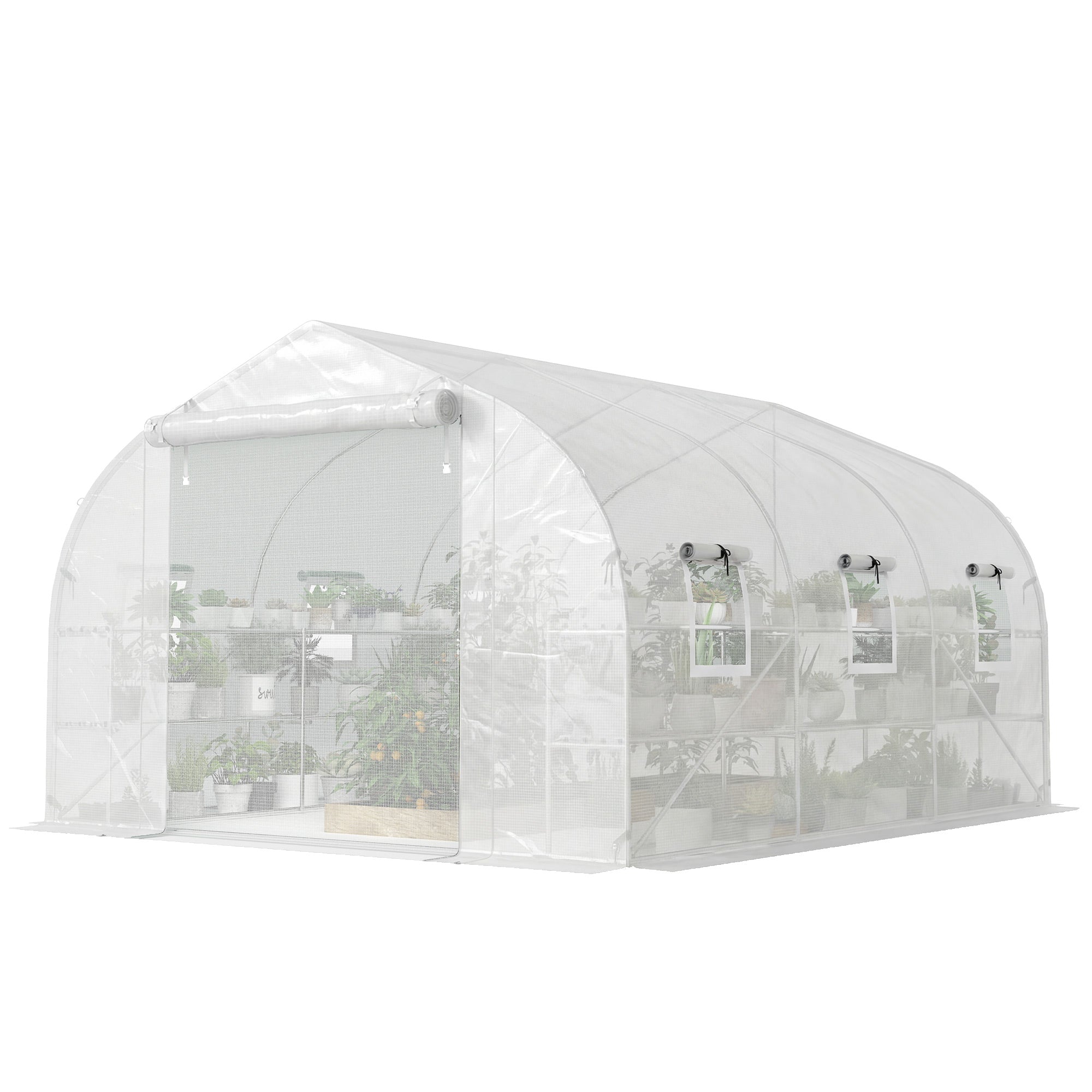 10'x11'x6' Walk-in Tunnel Greenhouse with Shelves, Mesh Door and Windows, Plant Hot House with PE Cover