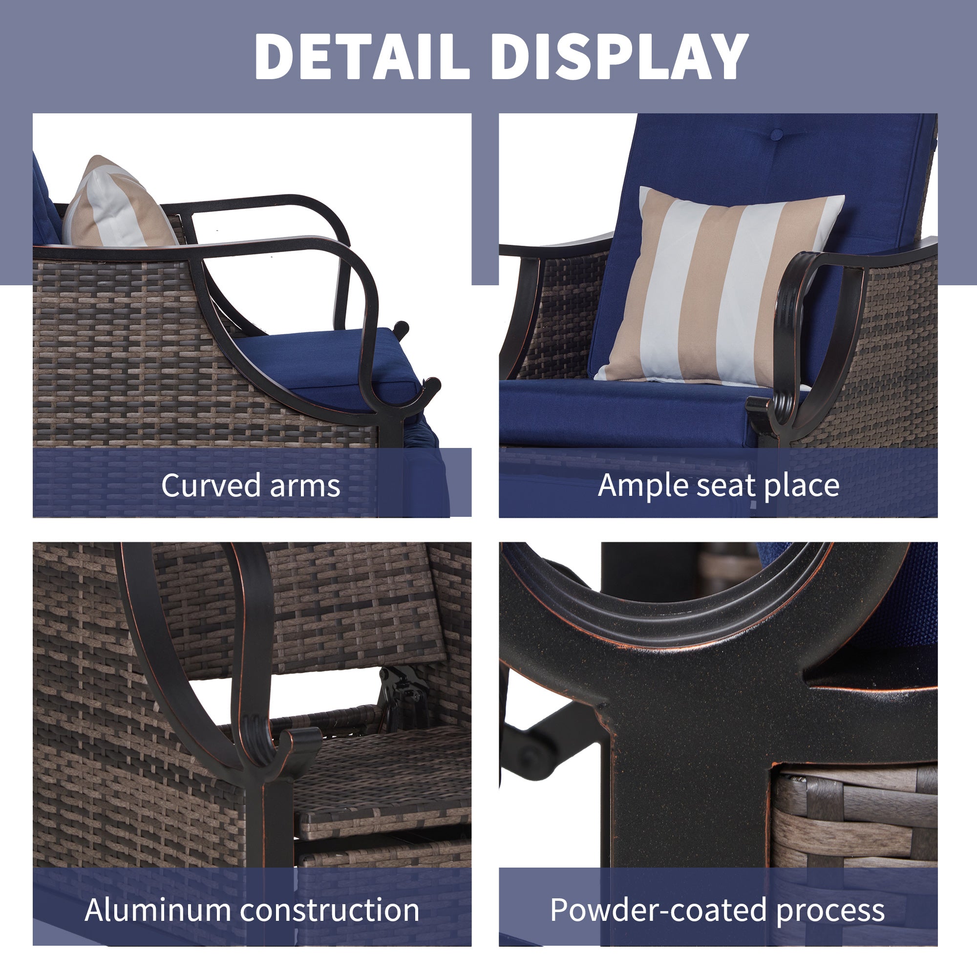 Outdoor Recliner Chair with Cushion, Rust-Resistant Aluminum Frames PE Wicker Patio Lounge Chaise Chair with Adjustable Reclining Backrest and Footrest, Pillow, Dark Blue