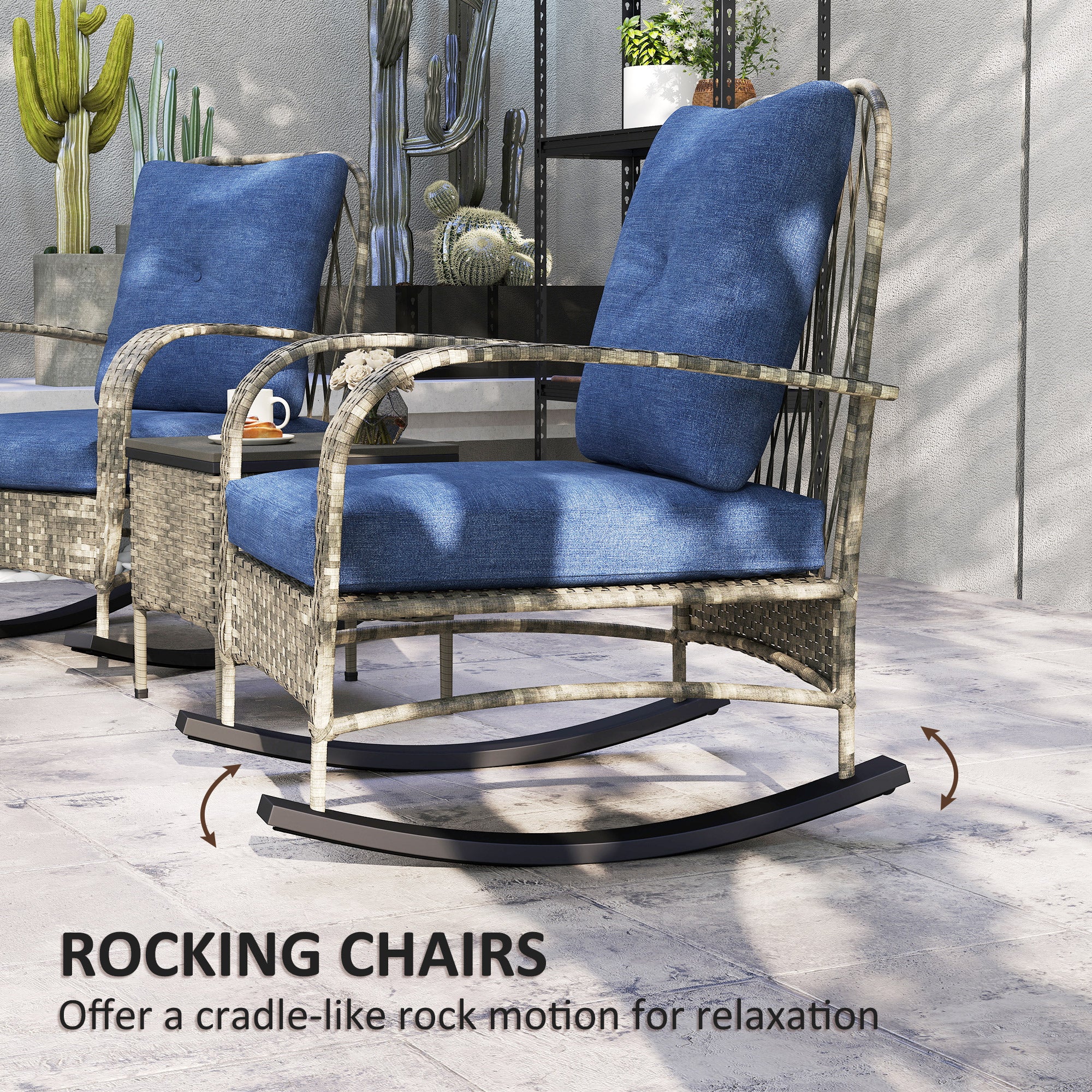 3 Piece Wicker Patio Furniture Set, Outdoor PE Rattan Rocking Chairs with Coffee Table, Cushions for Porch