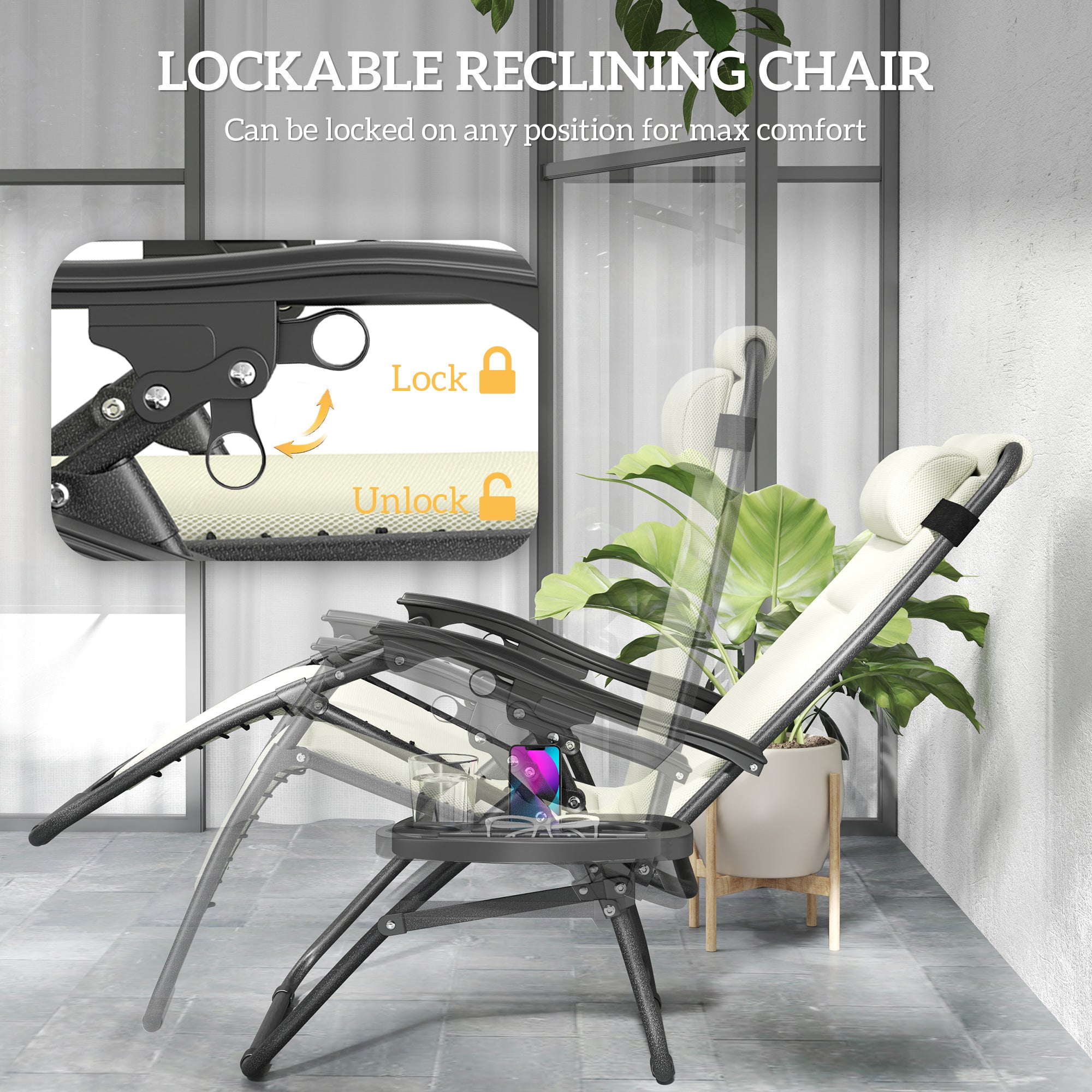 Zero Gravity Lounge Chair Set, 2 Pieces Reclining Folding Outdoor Lounge Chairs with Headrest Side Tray