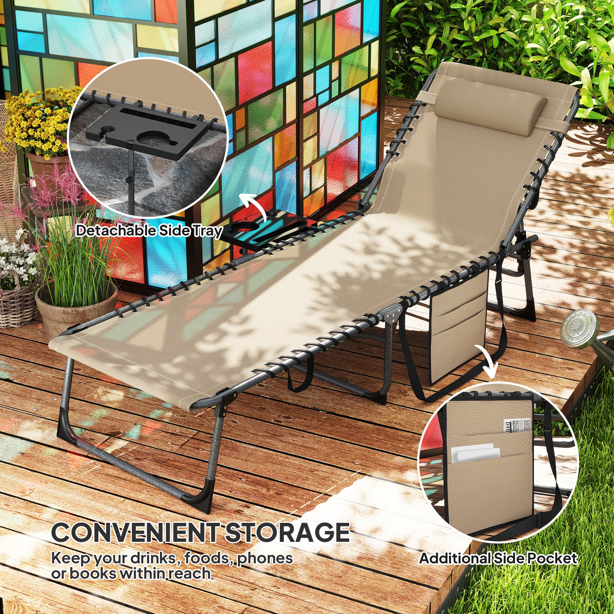 Folding Outdoor Chaise Lounge Chair Tanning Chair with 5-Level Adjustable Back, Side Table, Pillow, Pocket