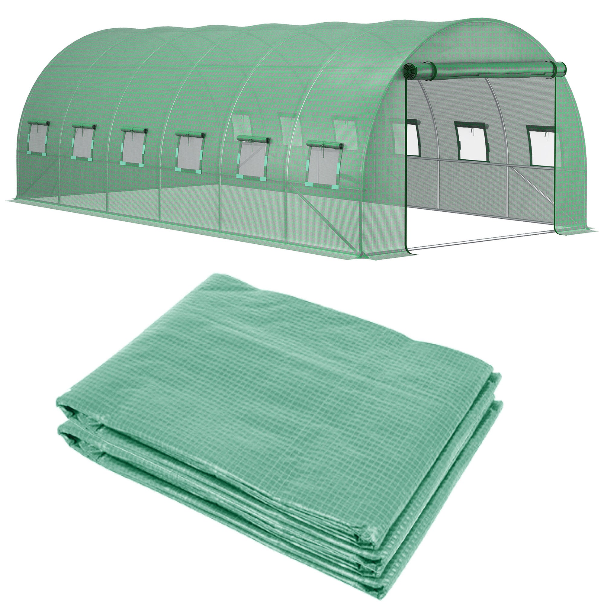 19.7' x 9.8' x 6.6' Plastic Greenhouse Cover Replacement, Heavy Duty Waterproof Tarp for Hoop House, Sheeting with 12 Windows, Door & Reinforcement Grid