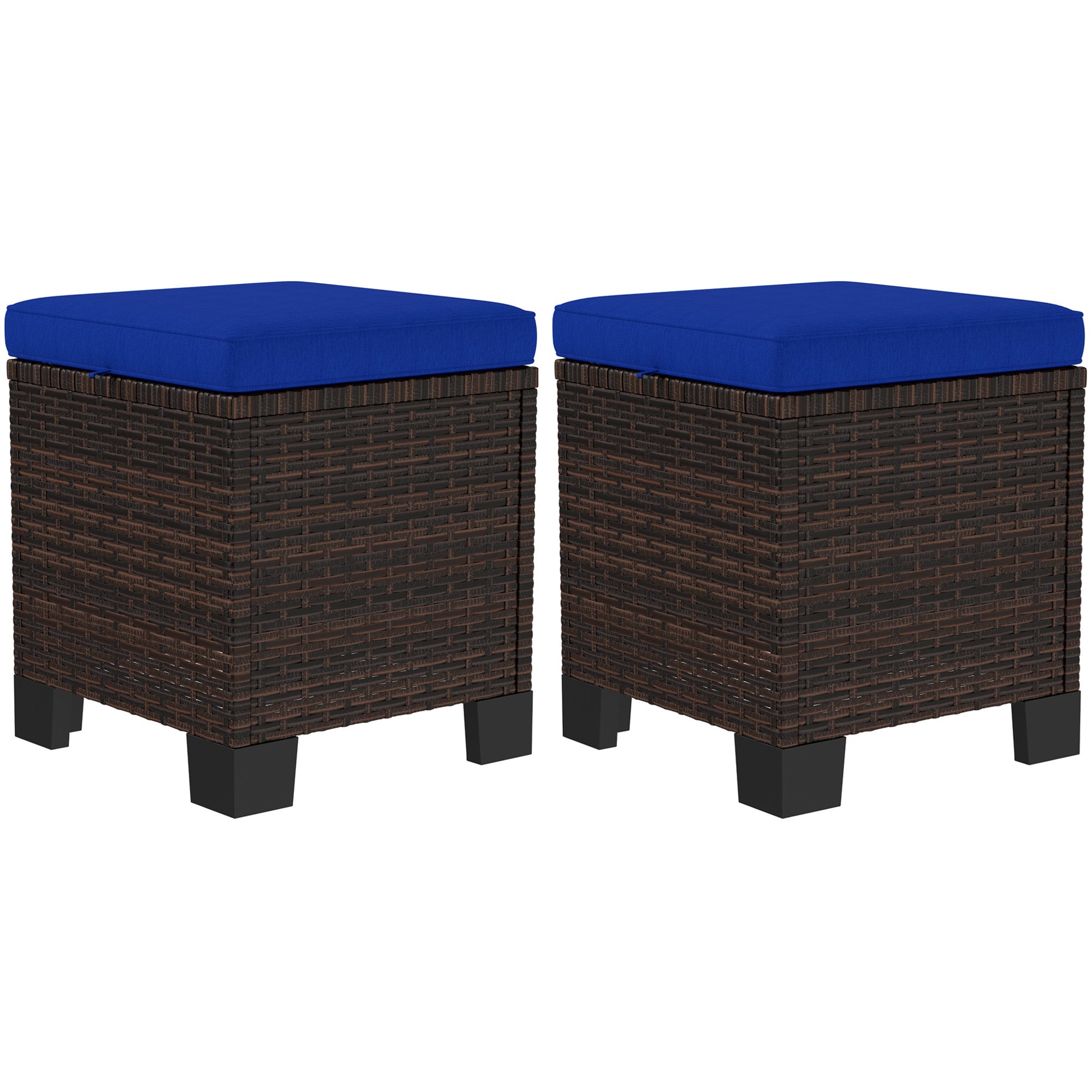 2 Piece Wicker Outdoor Ottomans with Cushions, Rattan Ottoman Footrest and Side Table for Patio, Yard, Poolside