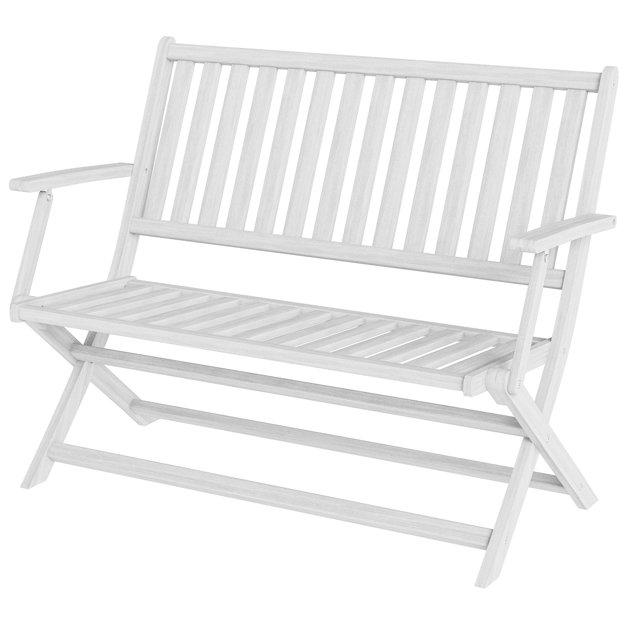 2-Person Foldable Wood Outdoor Bench with Backrest and Armrests for Garden, Porch, Park, Balcony, White
