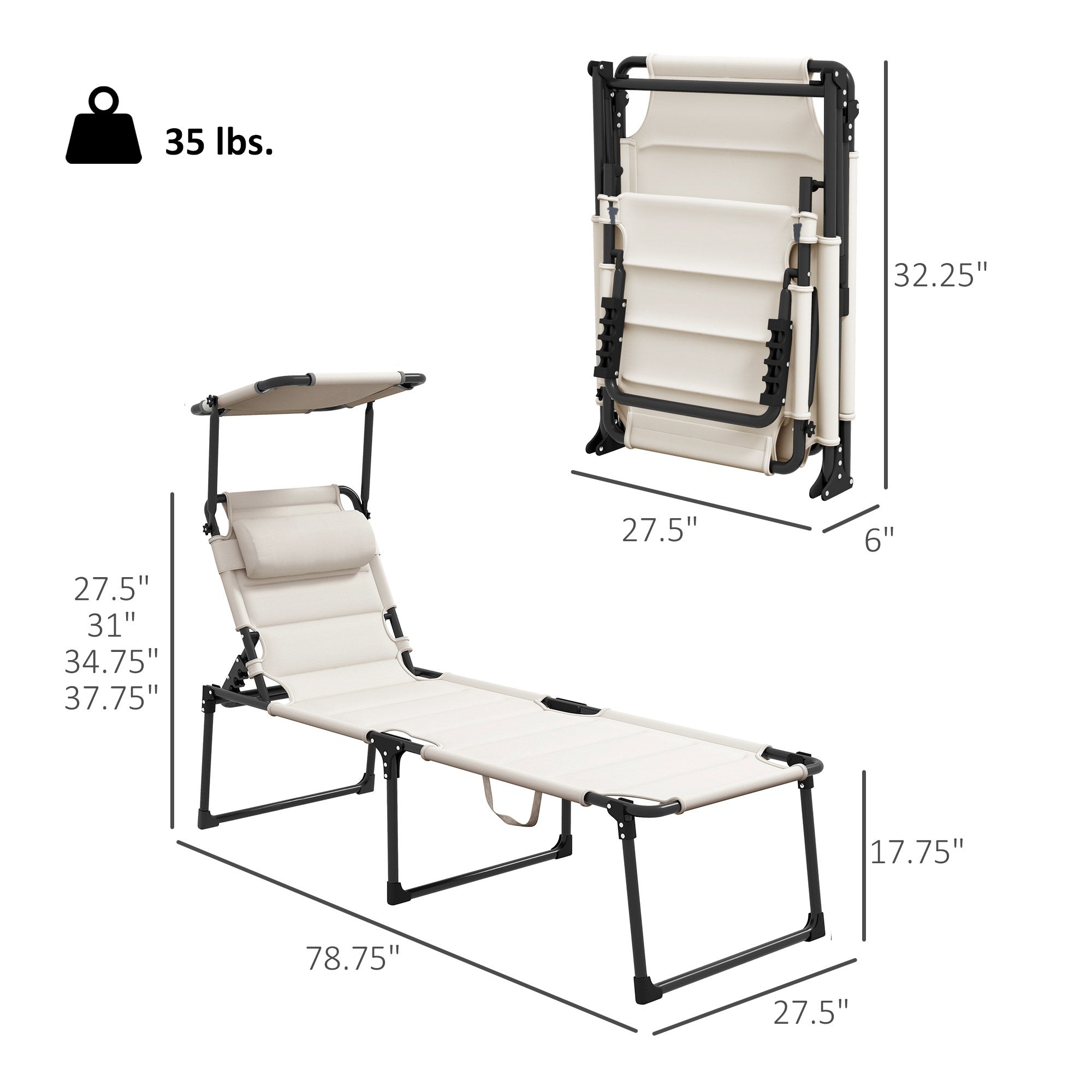 2 Pcs Outdoor Lounge Chair, 4 Position Adjustable Backrest, Folding, Cushioned w/ Sun Shade Roof & Pillow