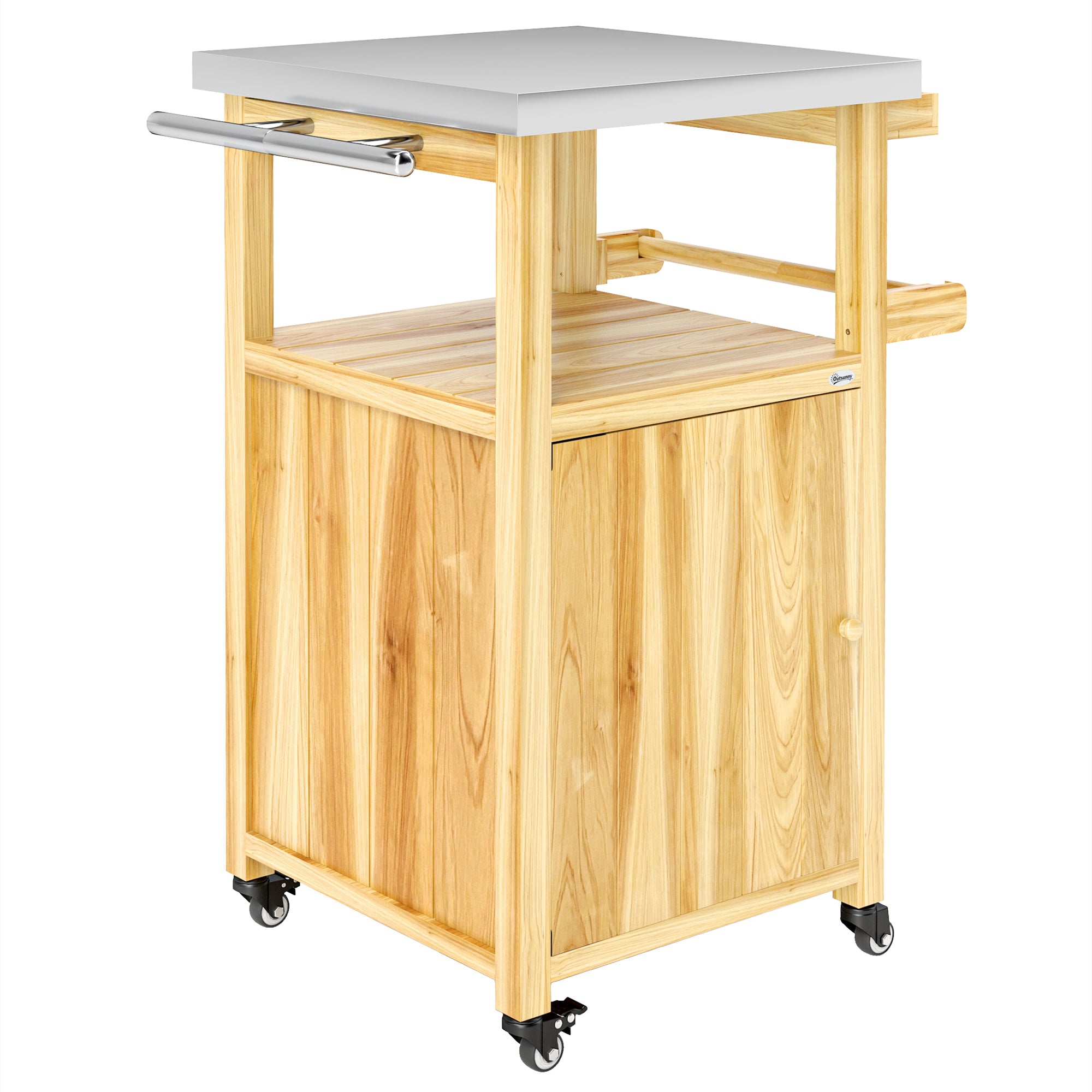 Outdoor Grill Cart w/ Stainless Steel Top, Solid Wood Outdoor Kitchen Island w/ Wheels, Integrated Hole