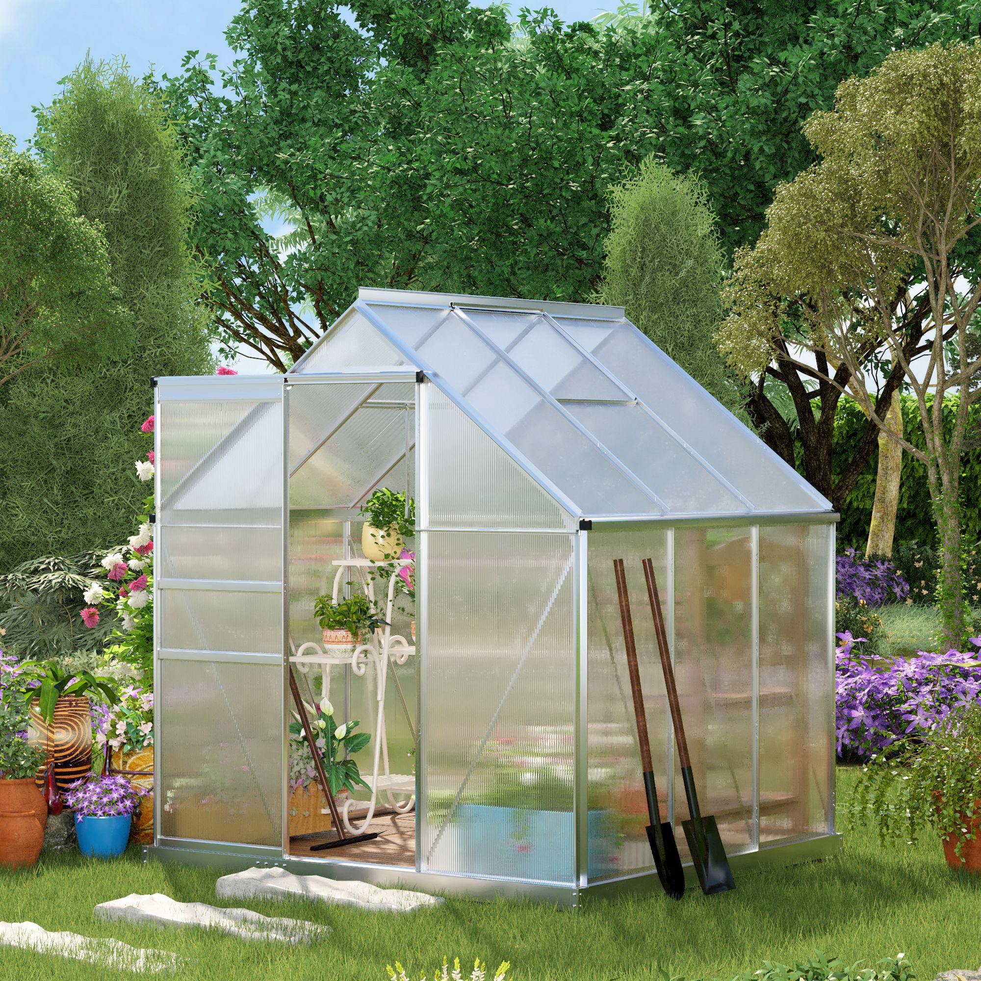 6' x 6' x 6.5' Polycarbonate Greenhouse with Aluminum Frame, Walk-in Heavy Duty Green House with Adjustable Roof Vent, Rain Gutter and Sliding Door for Winter, Silver