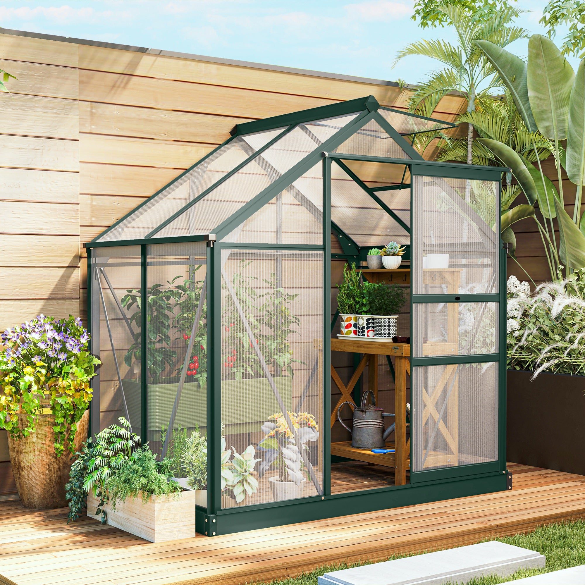 6' x 4' Greenhouse for Outdoors, Polycarbonate Greenhouse with Rain Gutter and Roof Vent, Aluminum Walk-in Green Houses for Outside for Patio Backyard Garden, Dark Green