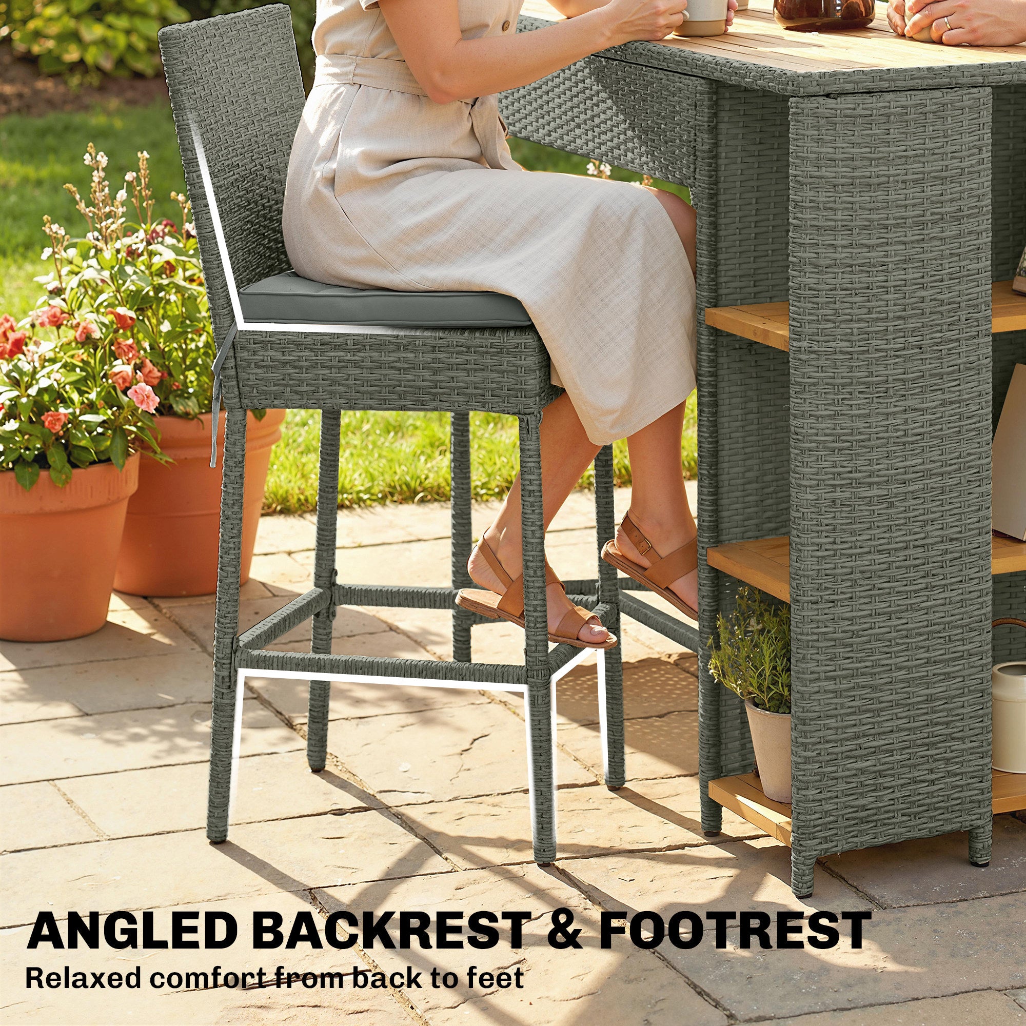 5 Piece Wicker Outdoor Bar Set, Acacia Wood Outdoor High Top Table and Chairs with 3 Tier Shelves, Cushions