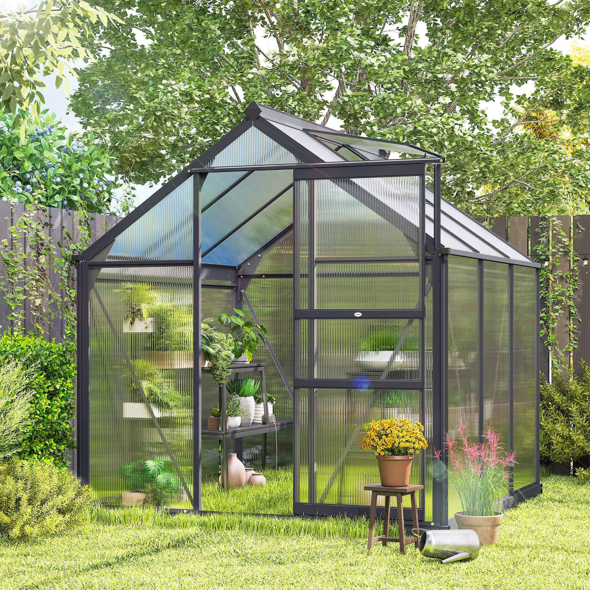 6' x 6' Greenhouse for Outdoors, Polycarbonate Greenhouse with Rain Gutter and Roof Vent, Aluminum Walk-in Green Houses for Outside for Patio Backyard Garden