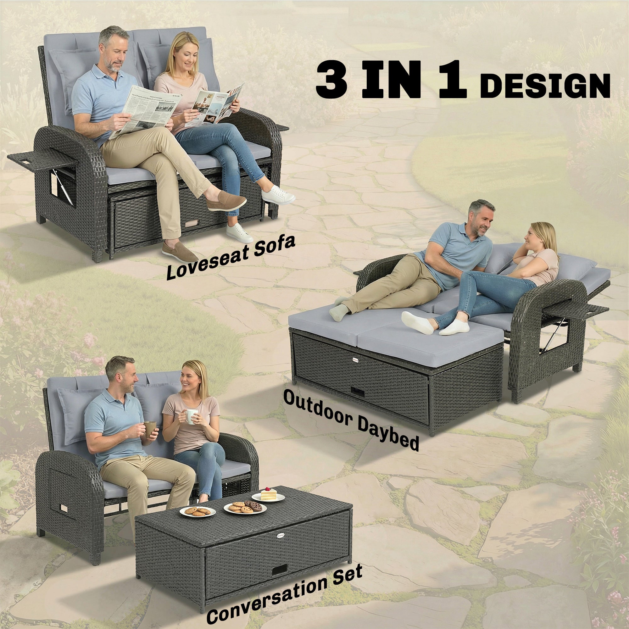 Patio Rattan Daybed, Wicker Outdoor Daybed with Storage Ottoman, Loveseat w/ Adjustable Backrest