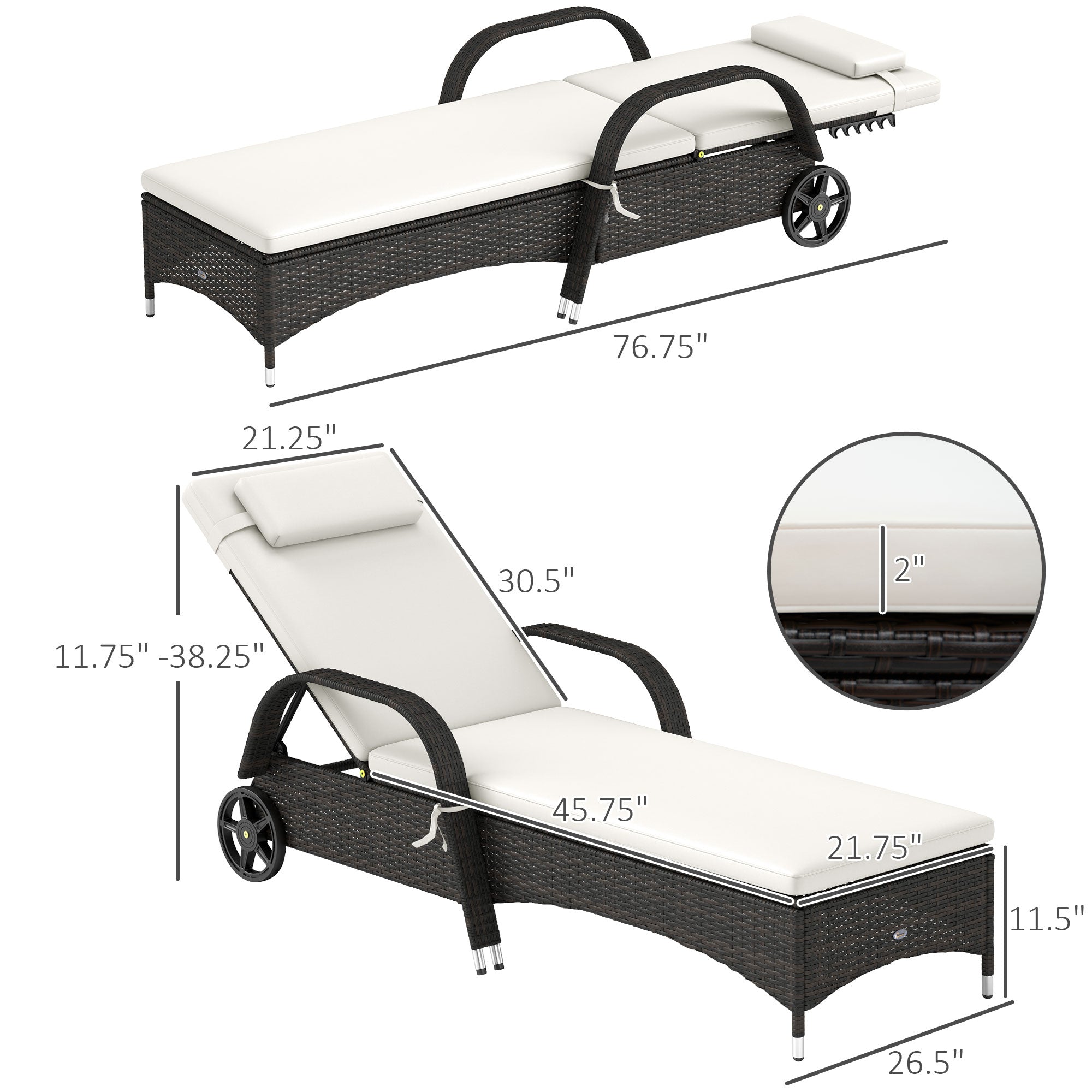 Outdoor Chaise Lounge, 5-Level Adjustable Backrest Rattan Pool Lounge Chair with Wheels, Cushion & Headrest
