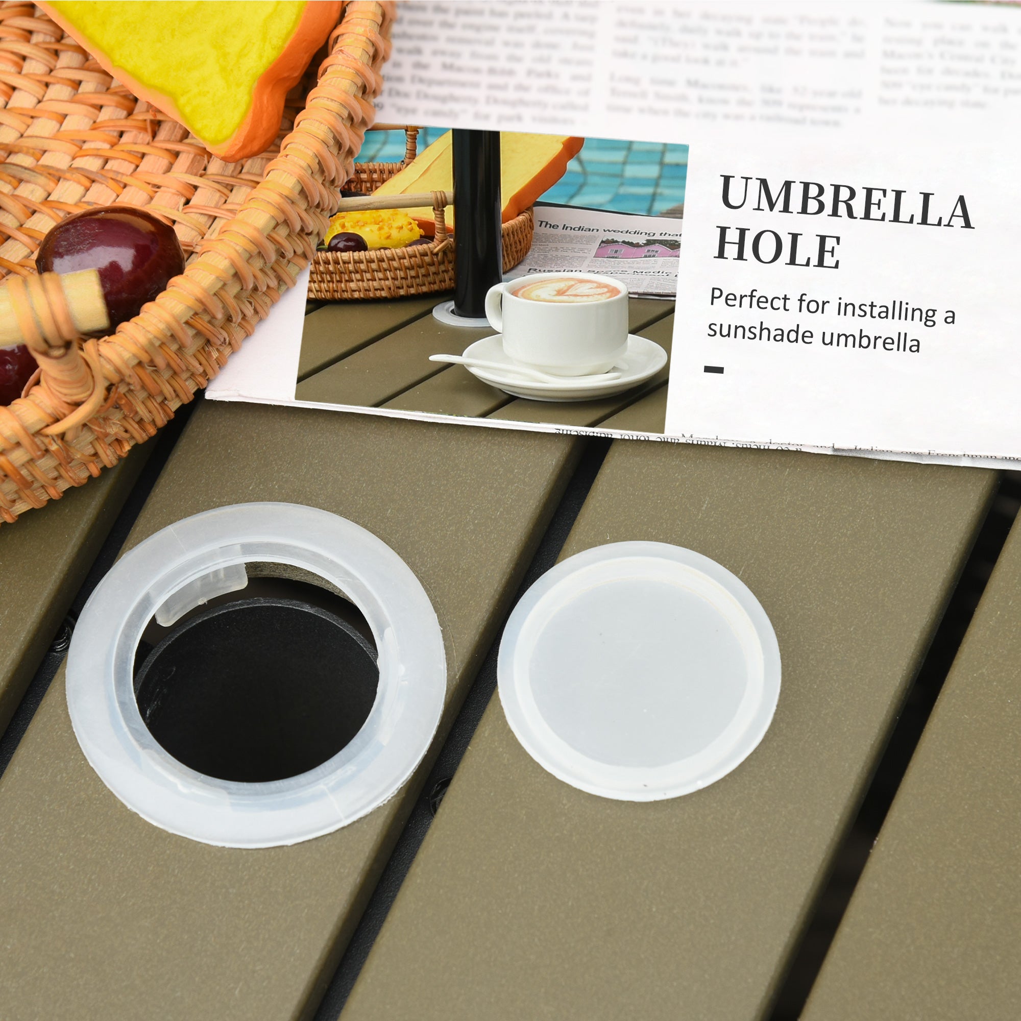 22" Outdoor Side Table with Umbrella Hole, Rattan Wicker End Table with Sand Bag and Steel Frame for Patio, Garden, Backyard