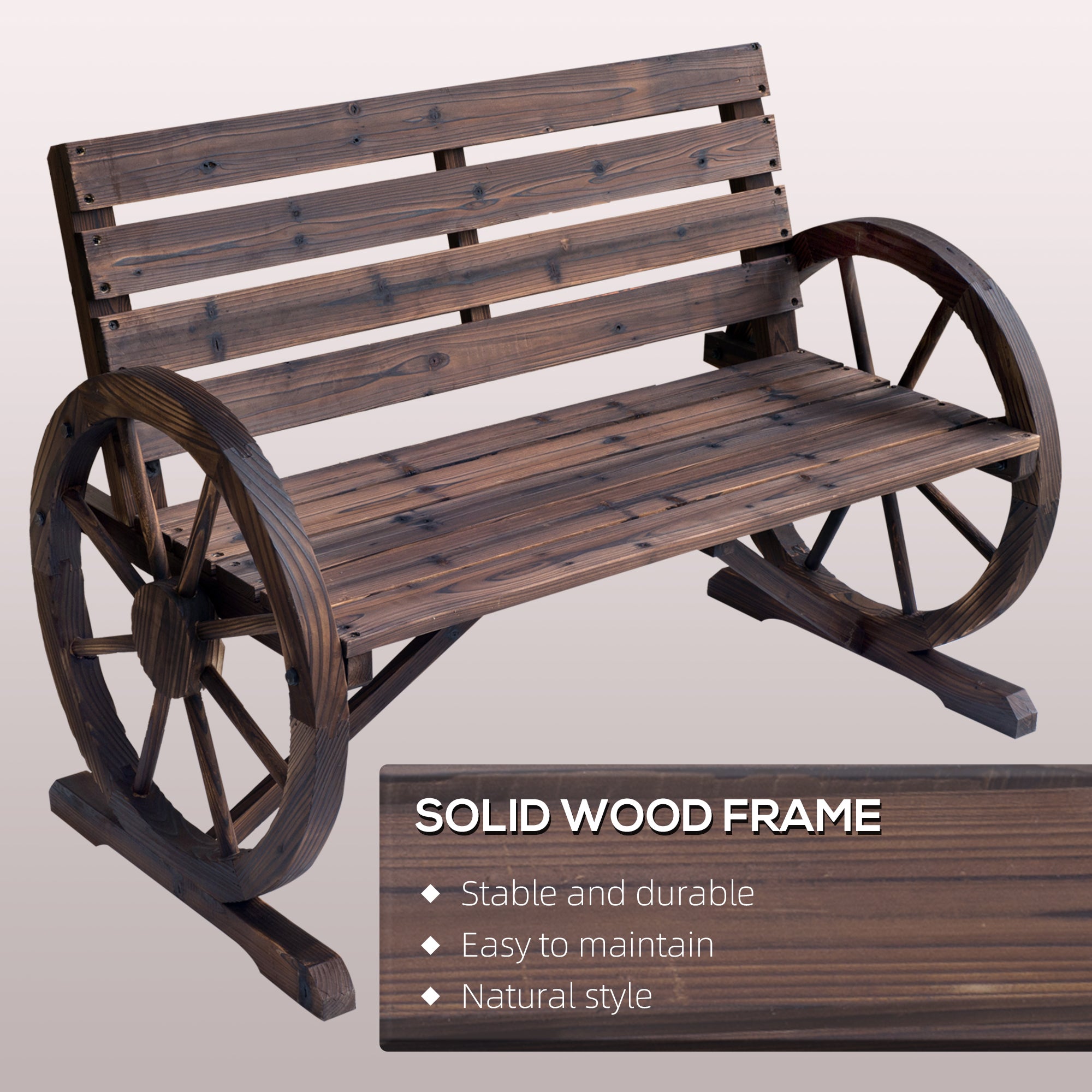 41" Wooden Wagon Wheel Bench, Rustic Outdoor Patio Bench Weather Resistance Furniture, 2-Person Slatted Seat with Backrest