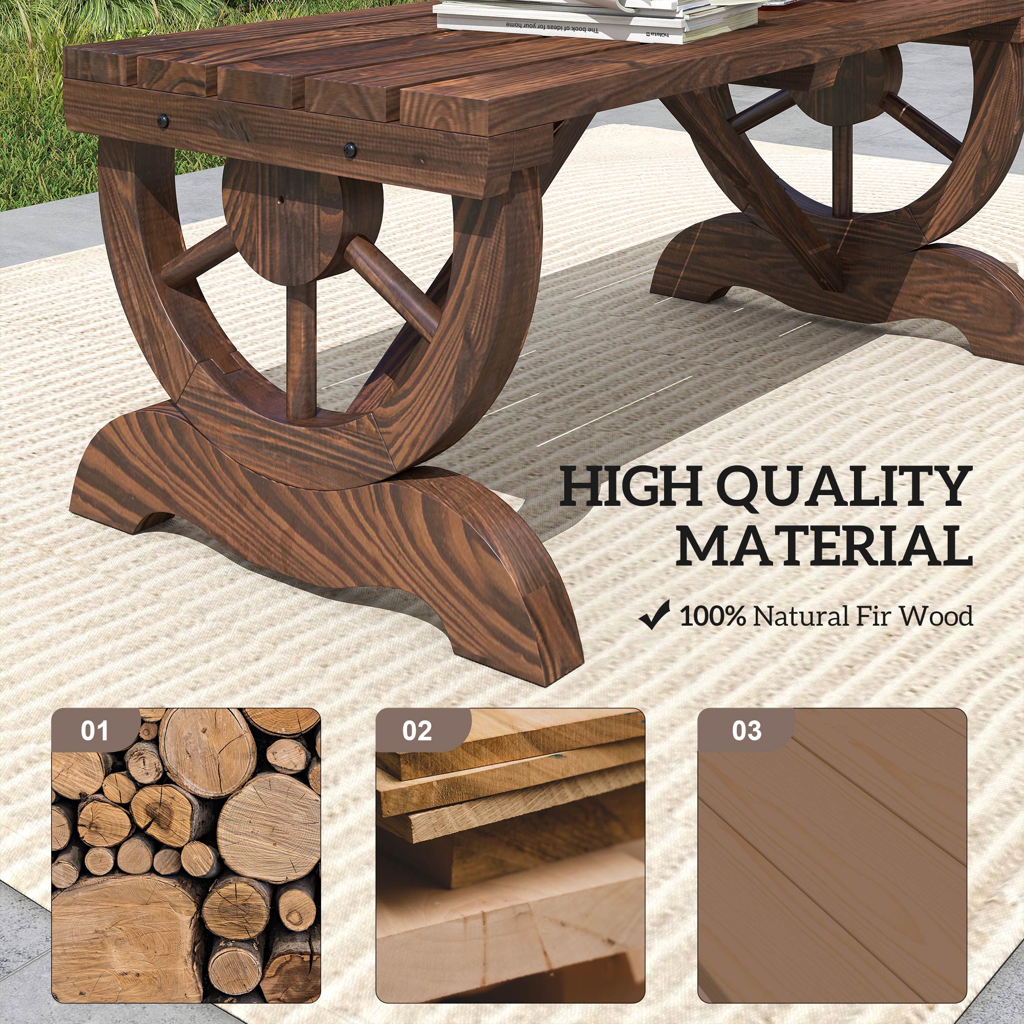 2-Person Wooden Garden Bench, Outdoor Wagon Wheel Porch Bench for Backyard Garden, Support 550 LBS, Rustic Country Style Patio Furniture