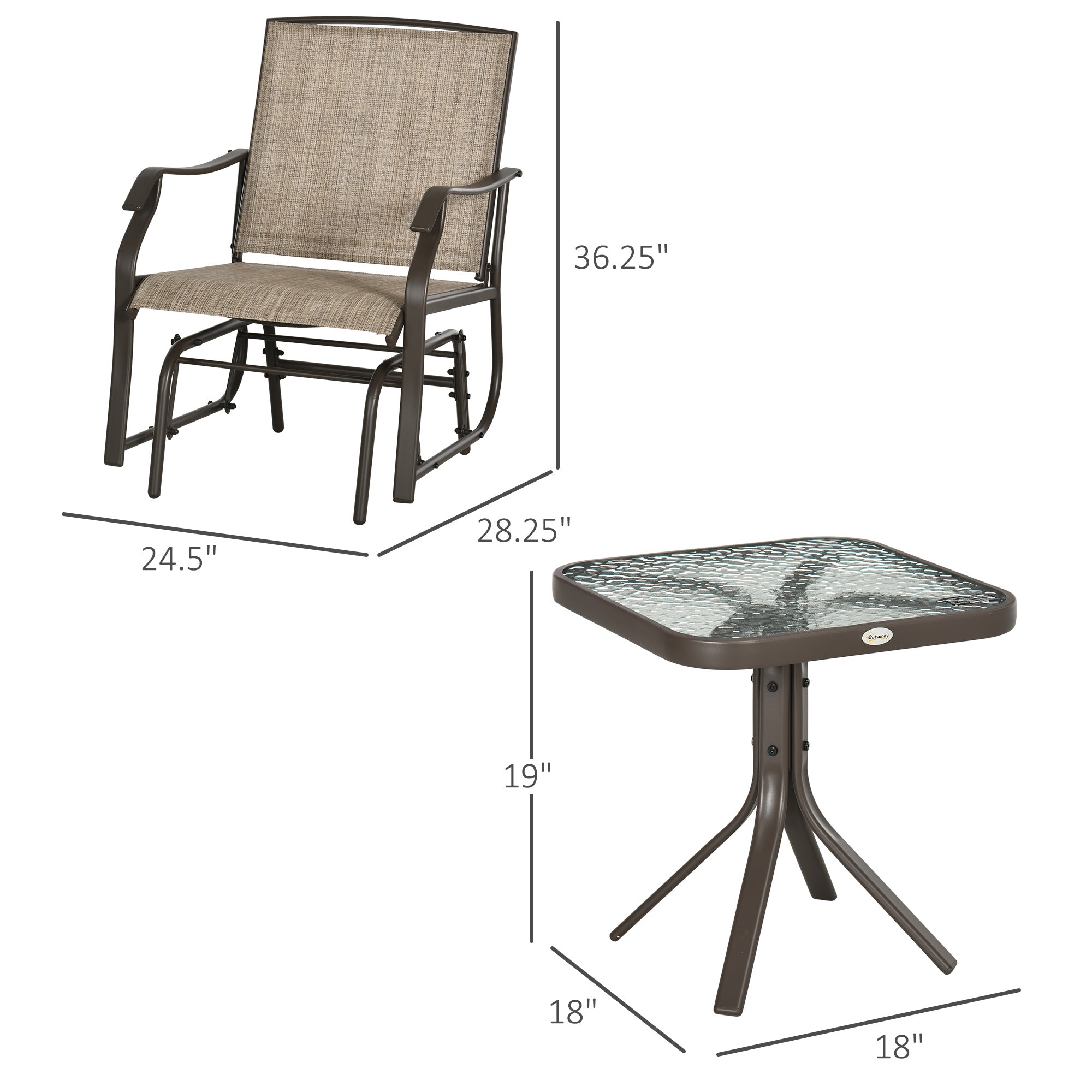 3 Piece Outdoor Glider Chair with Coffee Table Bistro Set, 2 Patio Rocking Swing Chairs with Breathable Sling Fabric, Glass Tabletop, for Backyard, Garden and Porch