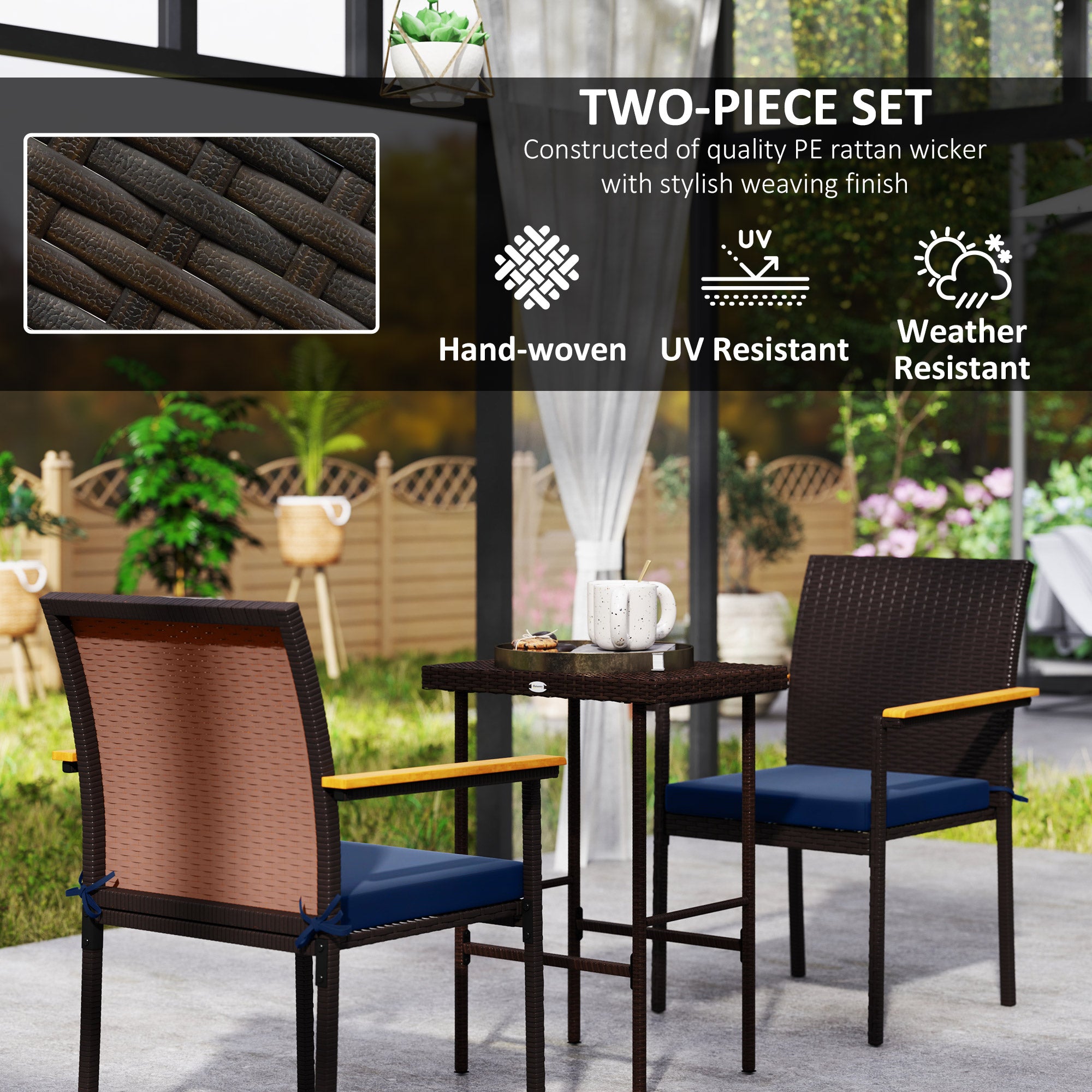 Stackable Patio Wicker Dining Chair Set of 2 with Cushions, Backrest, Armrests for Deck, Garden