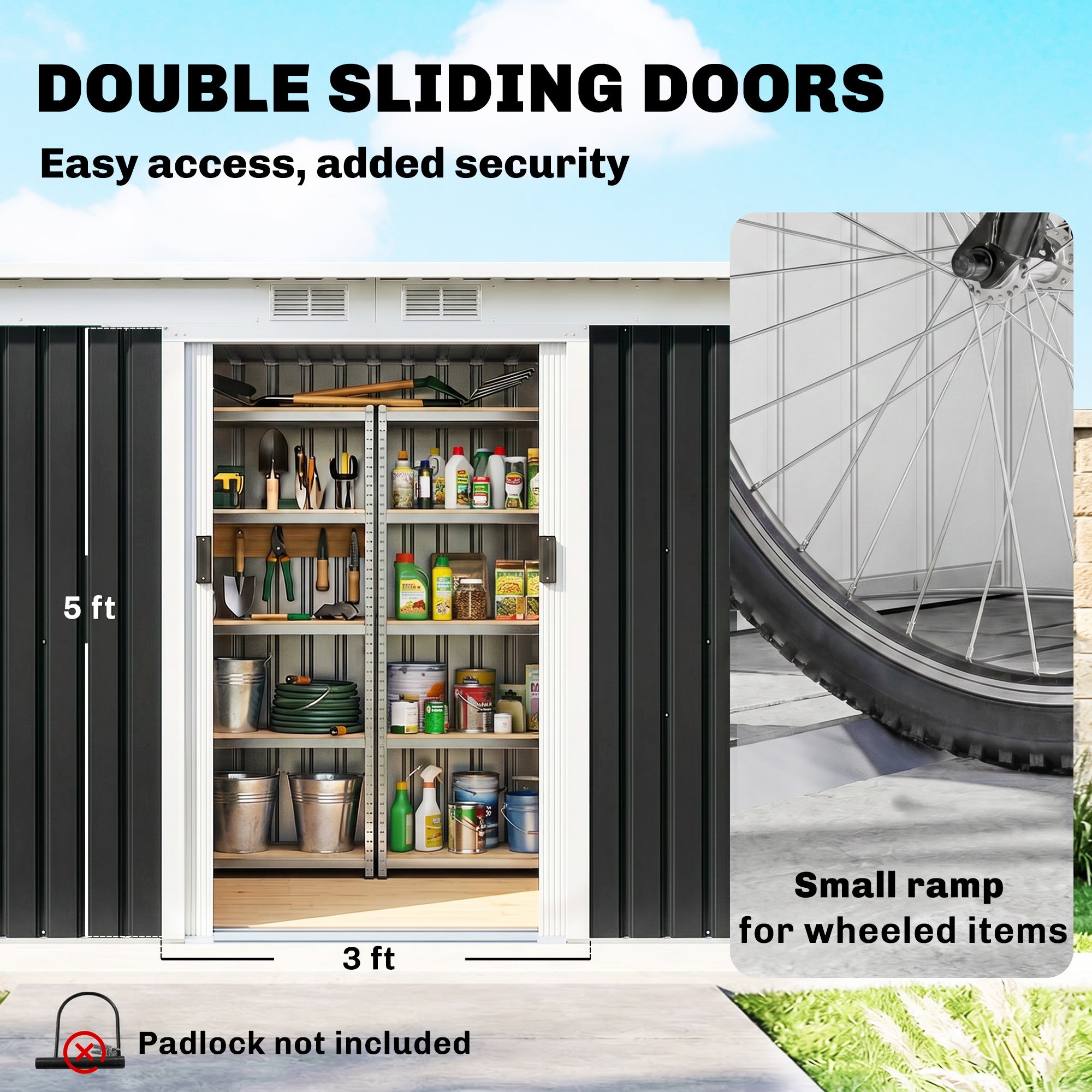 9' x 4' Metal Outdoor Storage Shed, Tool House with Double Lockable Doors for Backyard, Patio, Lawn, Garage