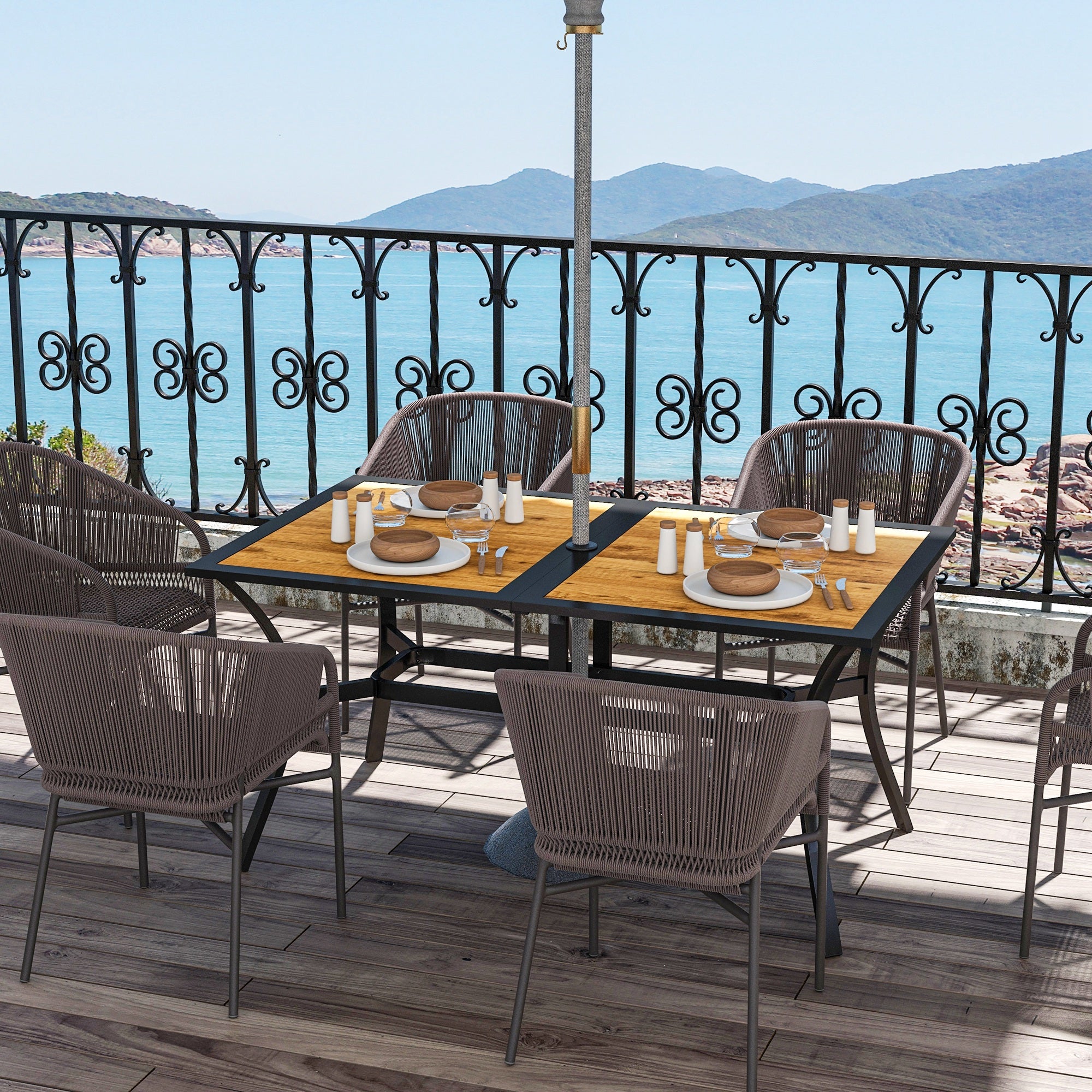 Rectangular Patio Table with Umbrella Hole, Faux Wood Rectangle Outdoor Dining Table for 6 People for Garden, Brown