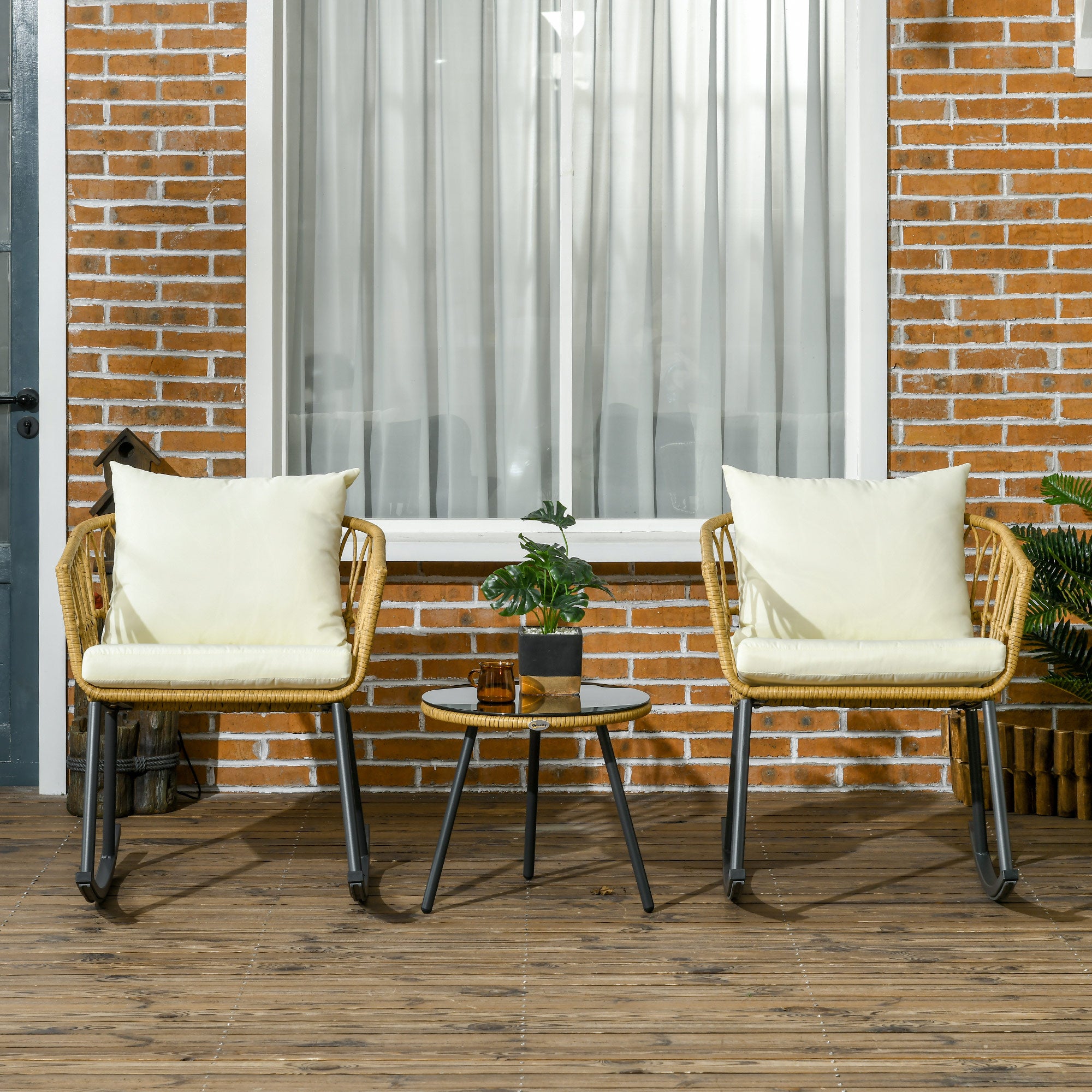 Wicker Outdoor Rocking Chair Set, 3 Piece Patio Bistro Set with 2 Porch Rocker Chairs, Glass Top Coffee Table and Cushions, Patio Conversation Set for Balcony, Backyard, Cream White
